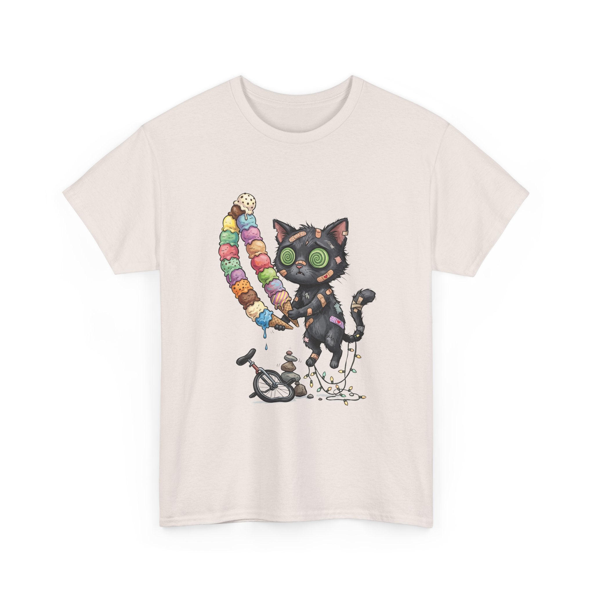 Cat with Ice Cream Graphic Tee — Cute Retro Kawaii Black Cat Holding Rainbow Ice Cream