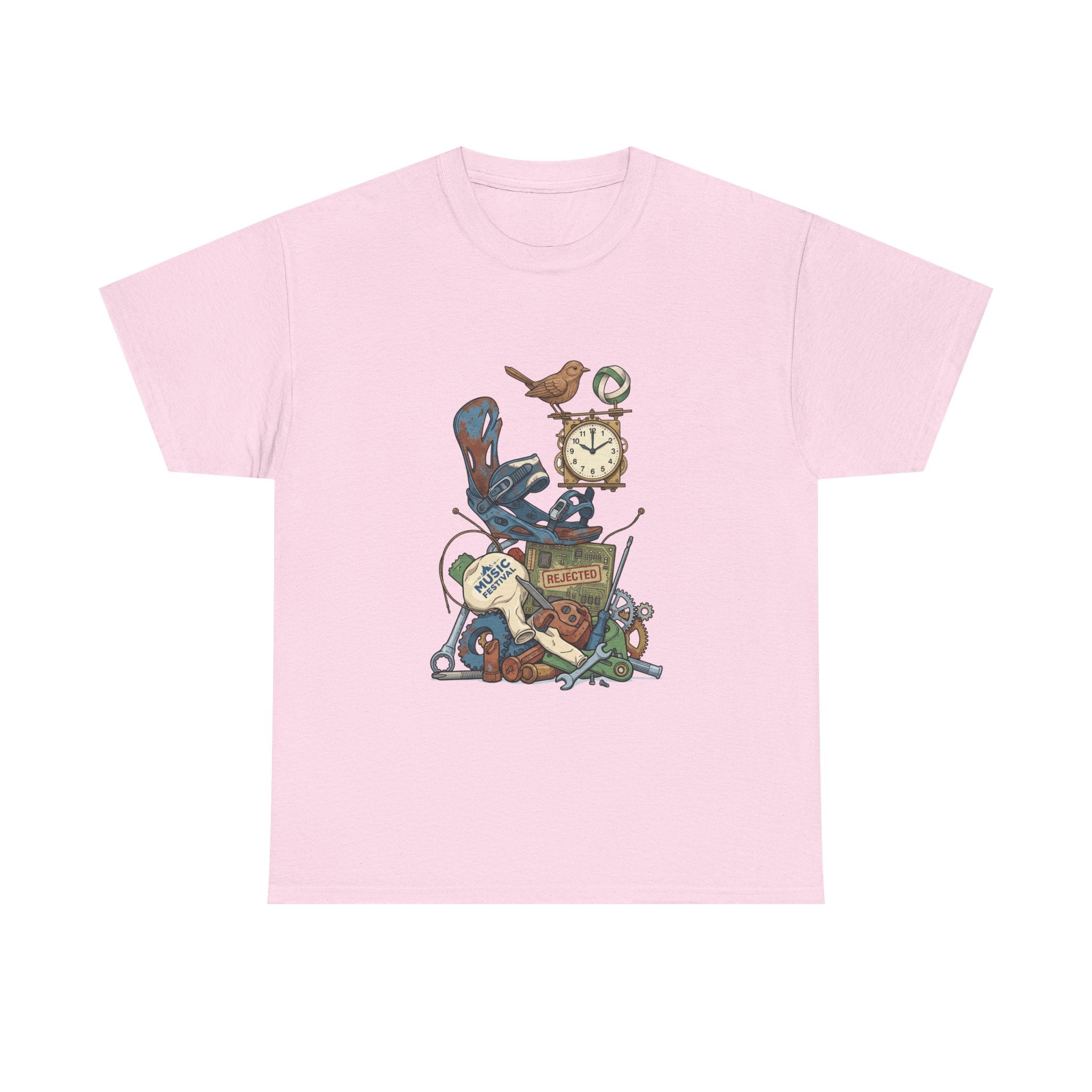 Vintage Hobbies Stack T-Shirt — Retro Clock, Guitar & Tools Illustration