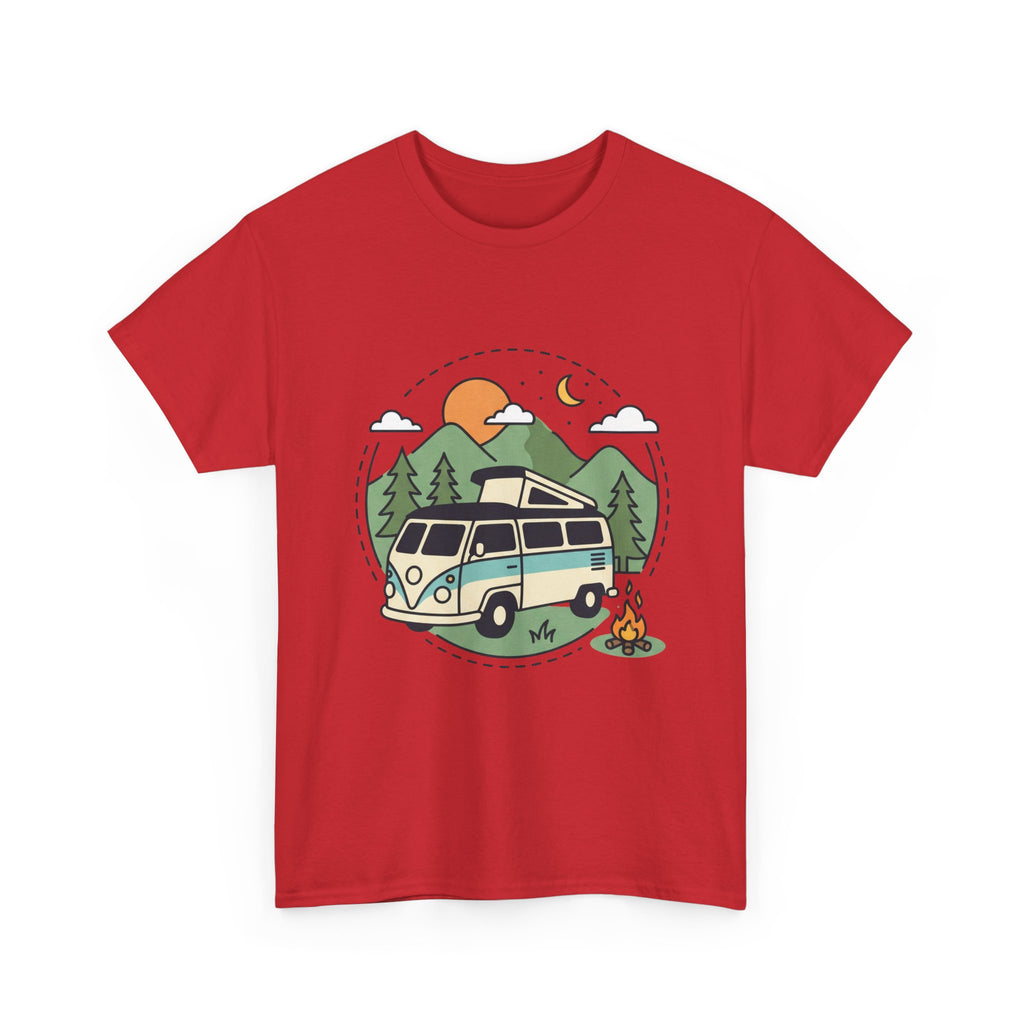 Camper Van Camping T‑Shirt — Retro Van, Mountains & Campfire Tee
