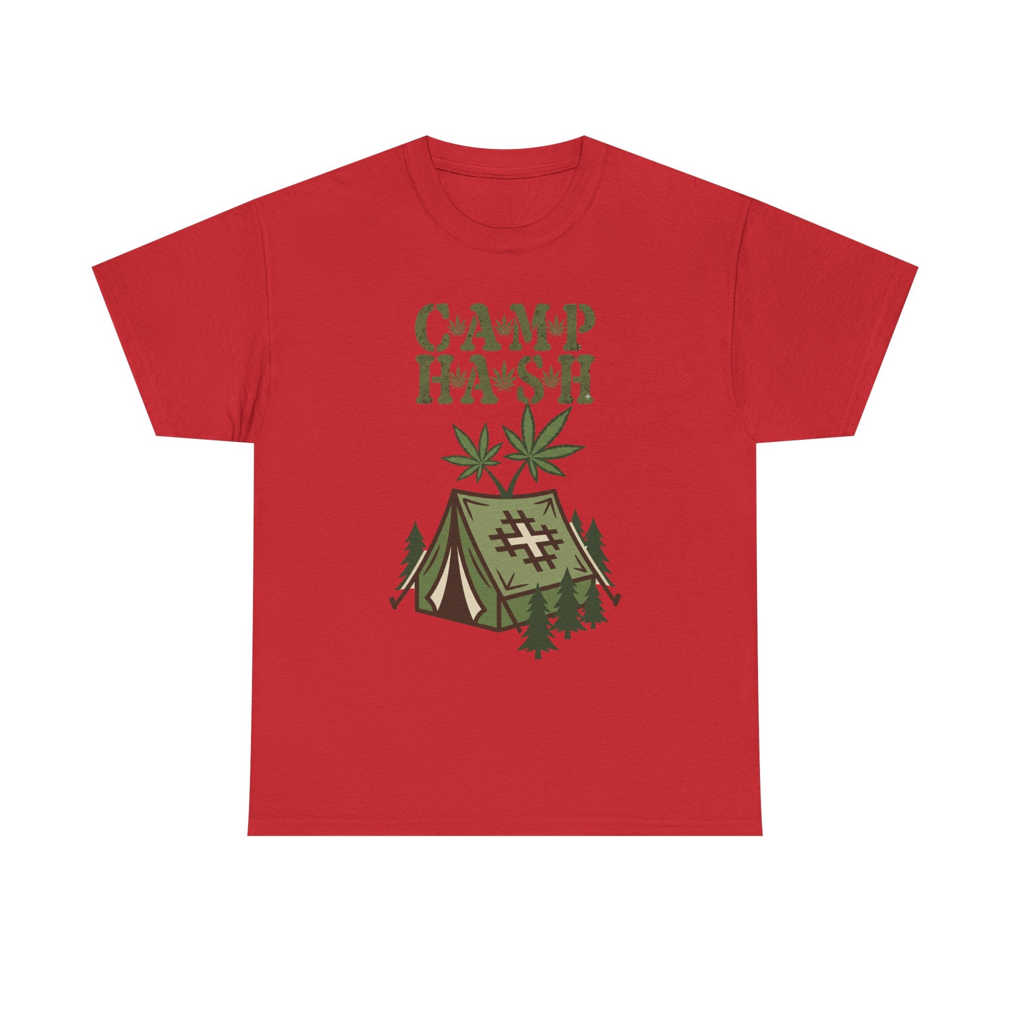 Camp Hash Cannabis Camping T‑Shirt — Retro Tent & Leaf Outdoor Smoke Tee