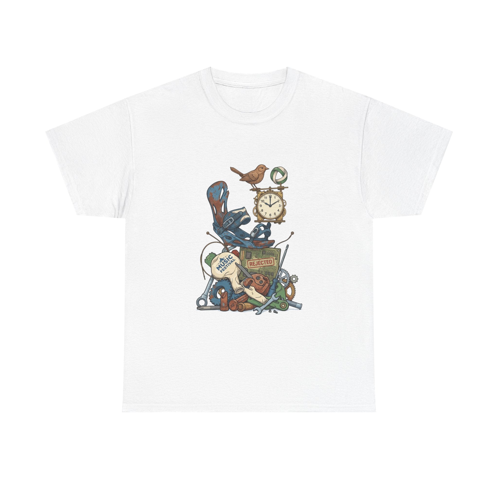 Vintage Hobbies Stack T-Shirt — Retro Clock, Guitar & Tools Illustration