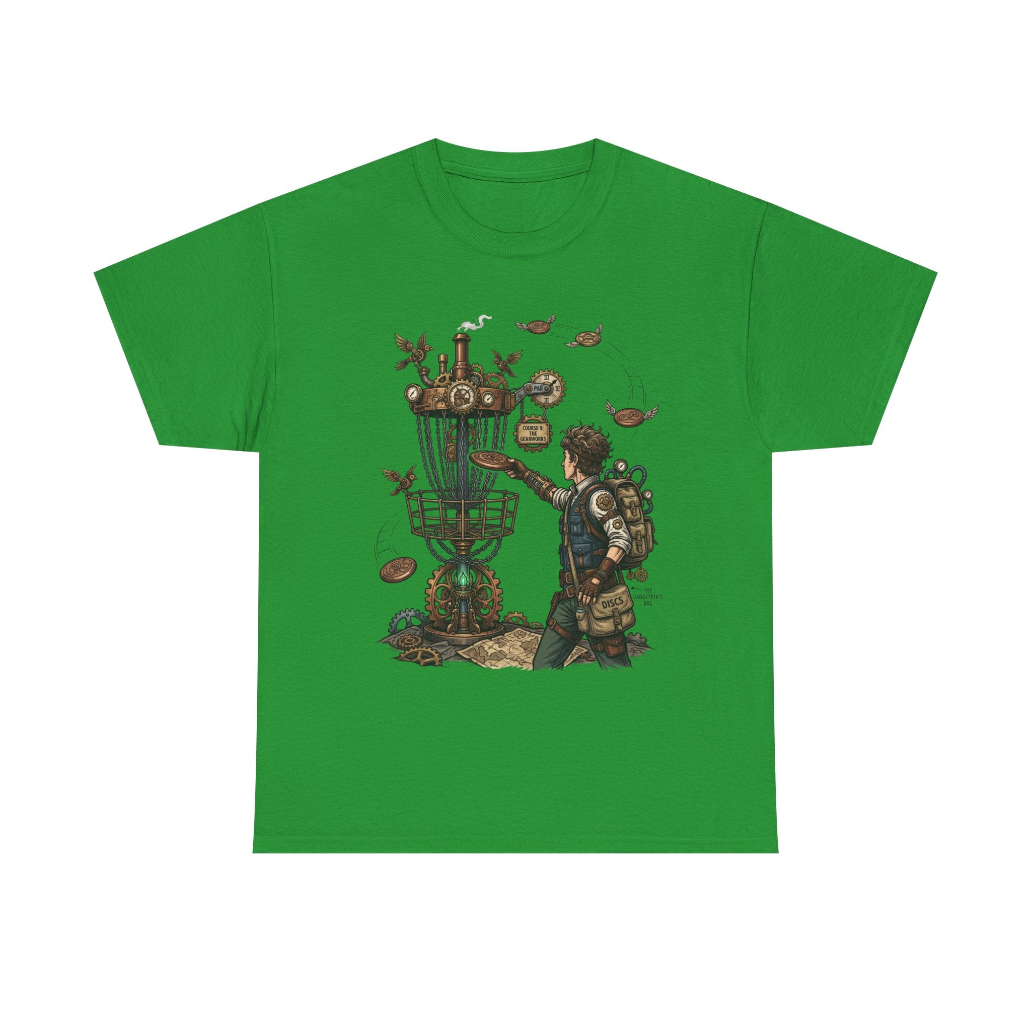 Disc Golf Adventure T‑Shirt — Steampunk Player & Birdie Basket Graphic Tee