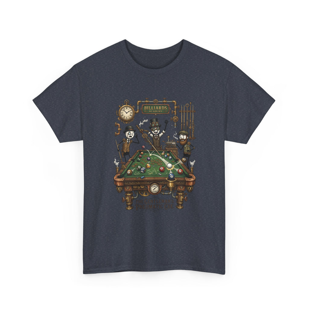 Steampunk Billiards Tee – 'The Gentleman's Pneumatic Cue' Pool Table Graphic Shirt