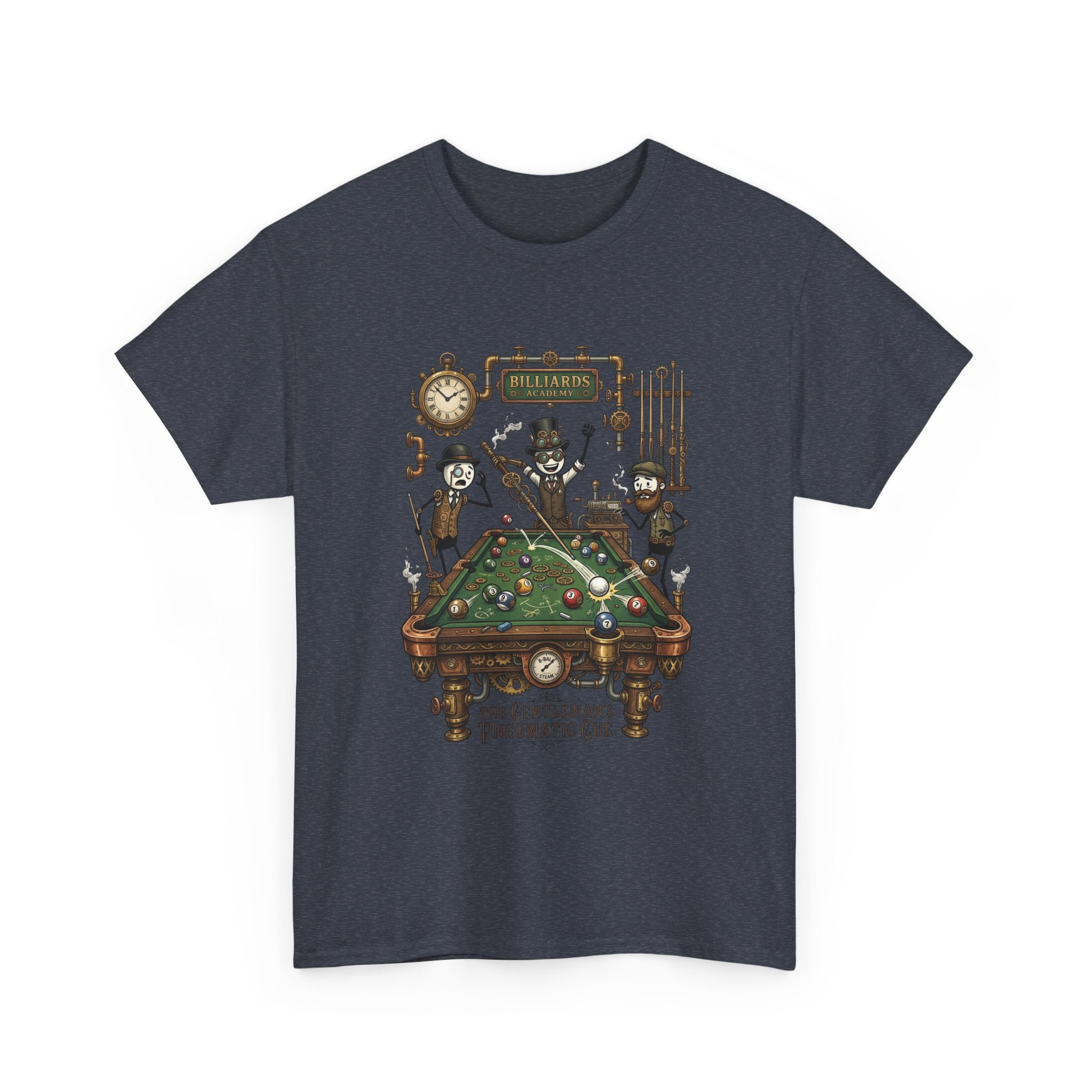 Steampunk Billiards Tee – 'The Gentleman's Pneumatic Cue' Pool Table Graphic Shirt