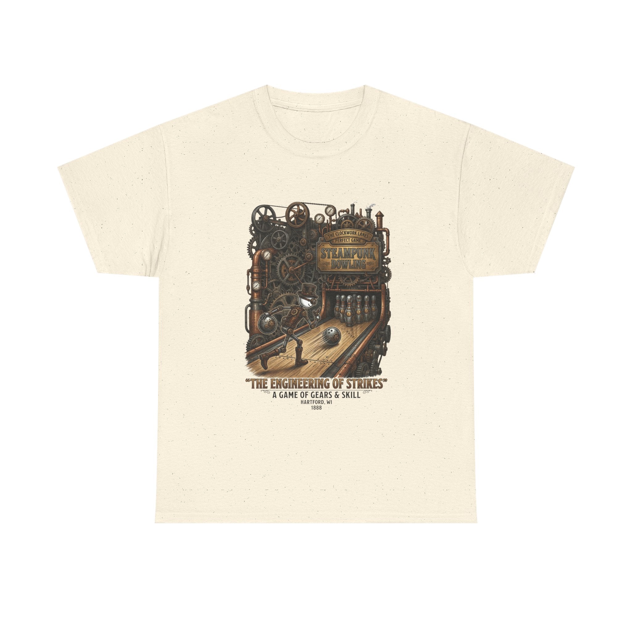 Steampunk Bowling T-Shirt — "The Engineering of Strikes" Vintage Gears Design