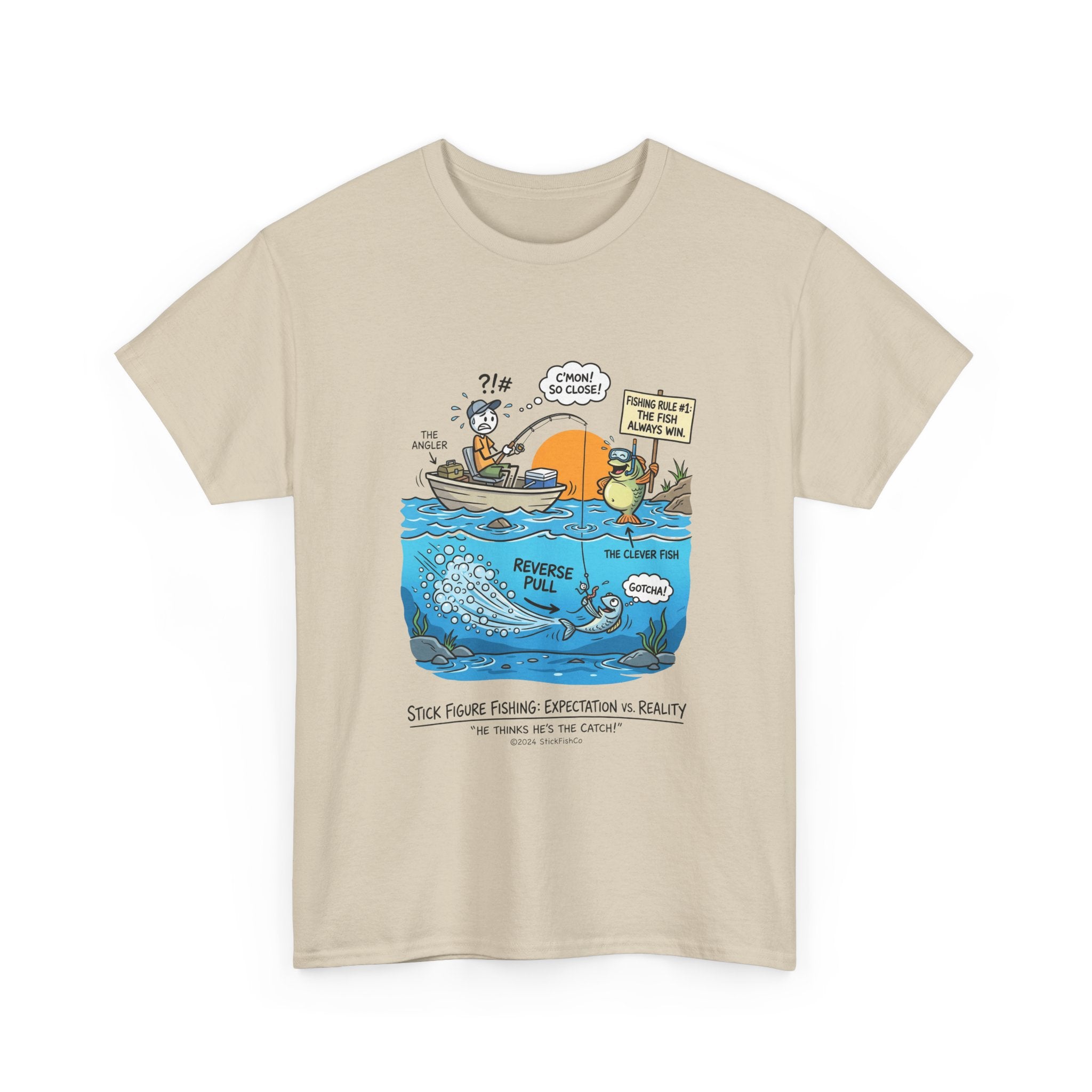 Fishing Cartoon T-Shirt — 'Reverse Take' Sunset Boating Tee