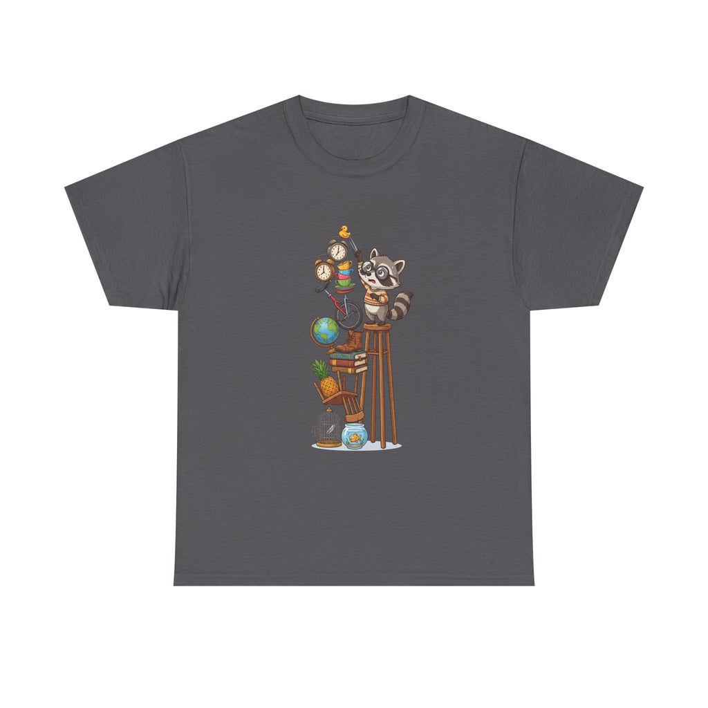 Raccoon & Curiosity Shelf T‑Shirt — Cute Scientist Animal Stack Graphic Tee
