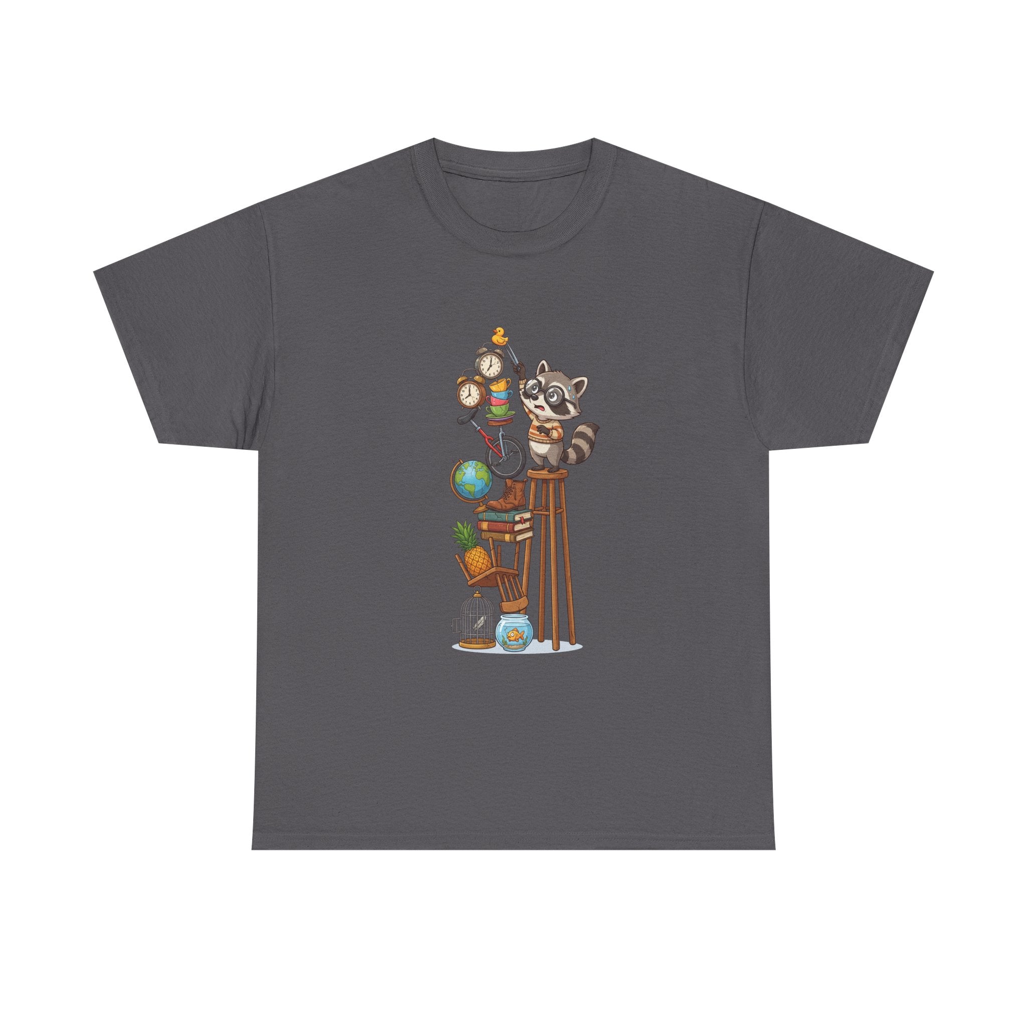 Raccoon & Curiosity Shelf T‑Shirt — Cute Scientist Animal Stack Graphic Tee