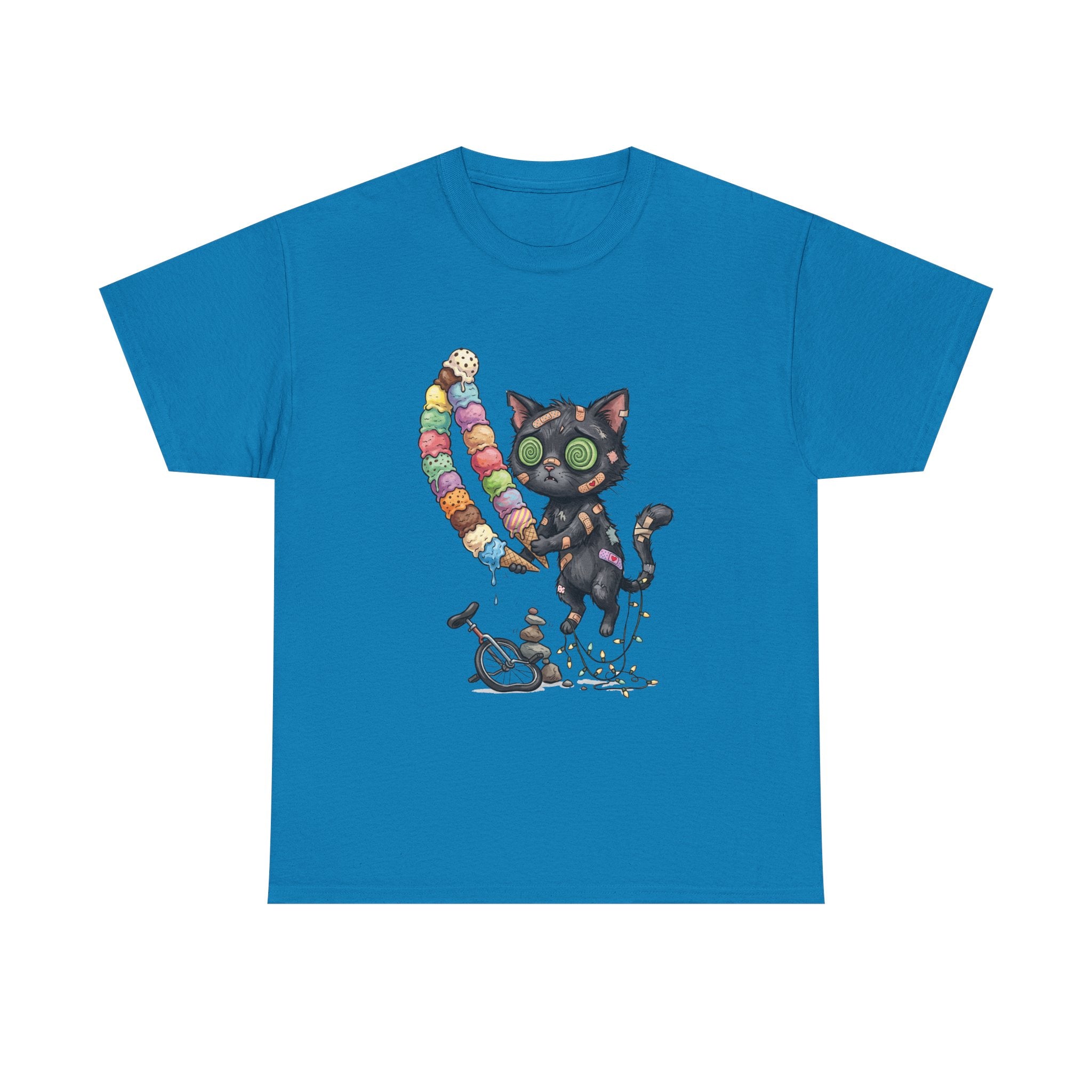 Cat with Ice Cream Graphic Tee — Cute Retro Kawaii Black Cat Holding Rainbow Ice Cream