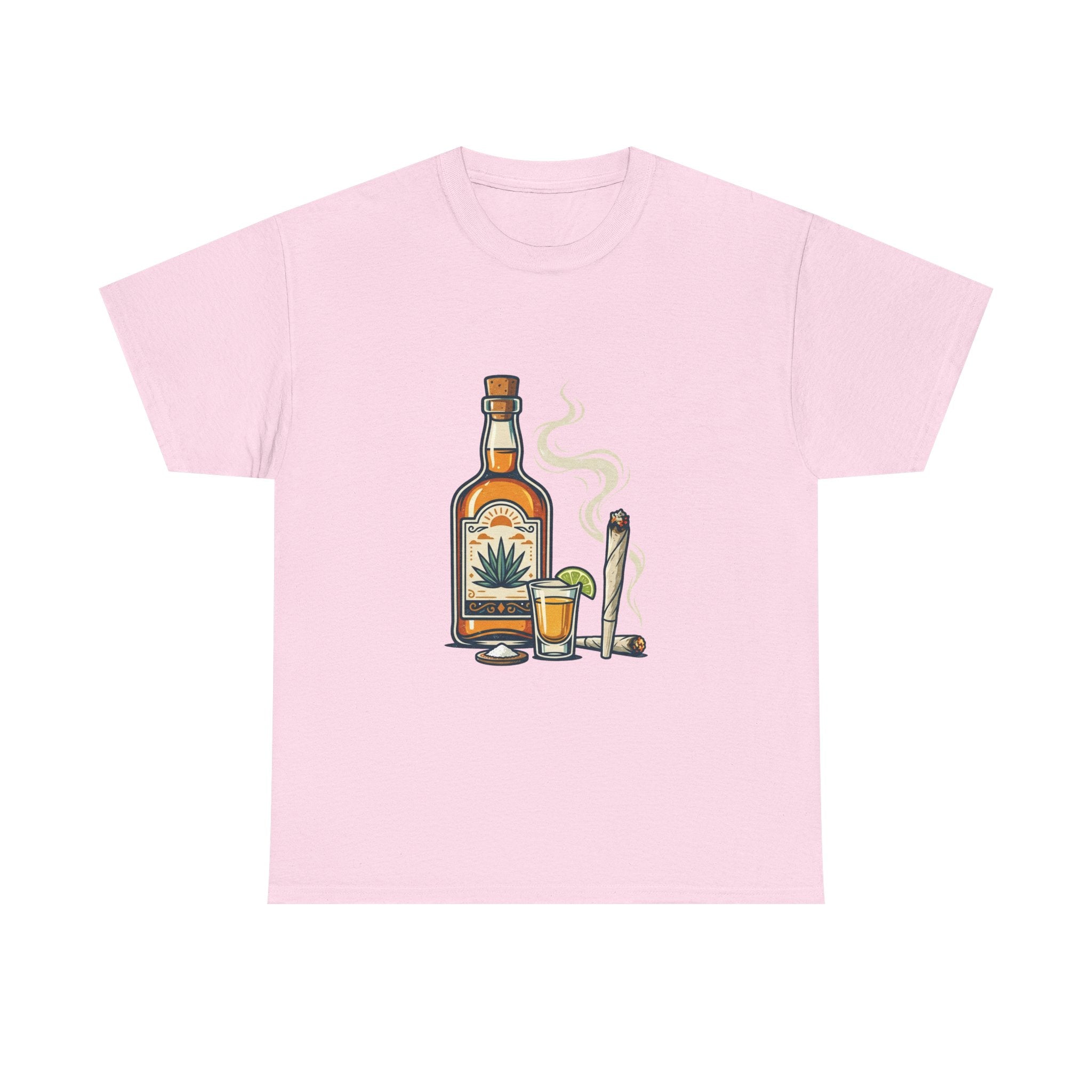 Tequila & Joint T-Shirt — Mexican Agave Bottle with Shot Glass and Joint Graphic