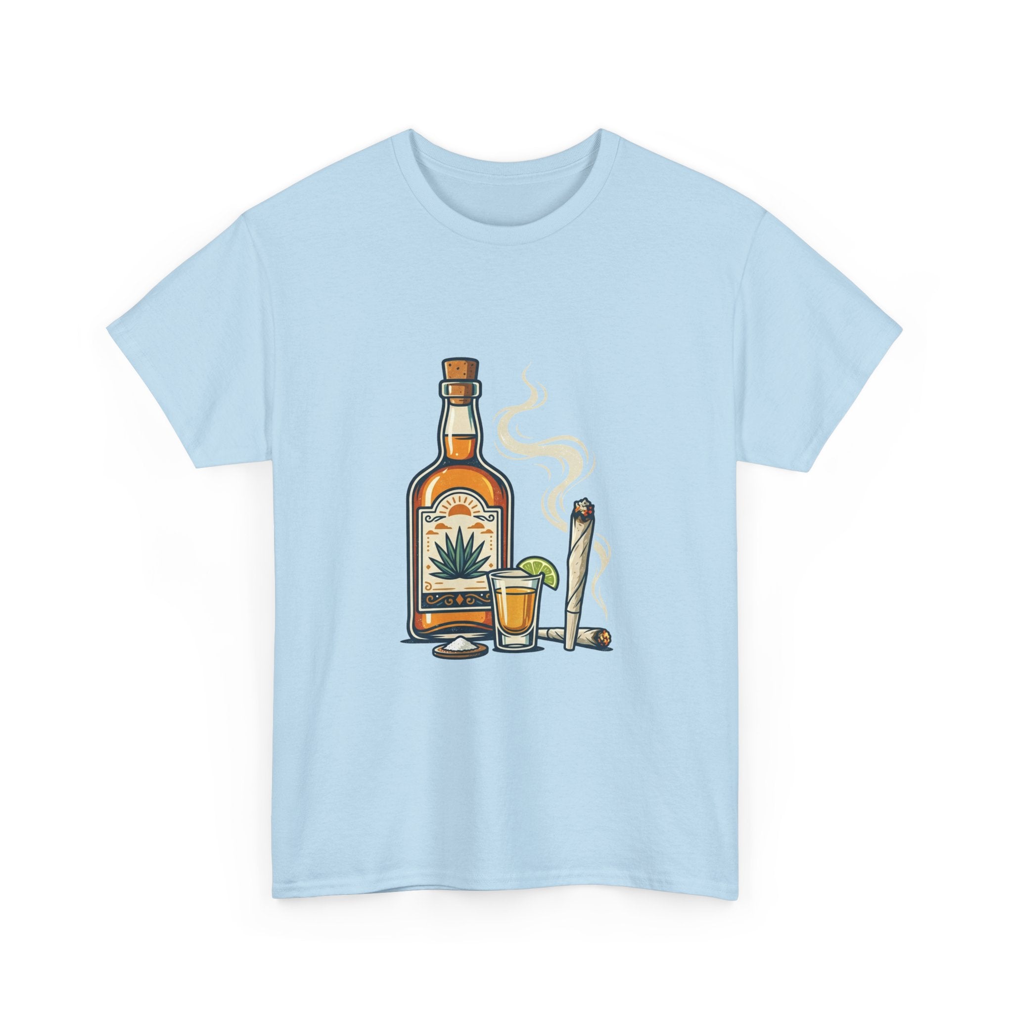 Tequila & Joint T-Shirt — Mexican Agave Bottle with Shot Glass and Joint Graphic