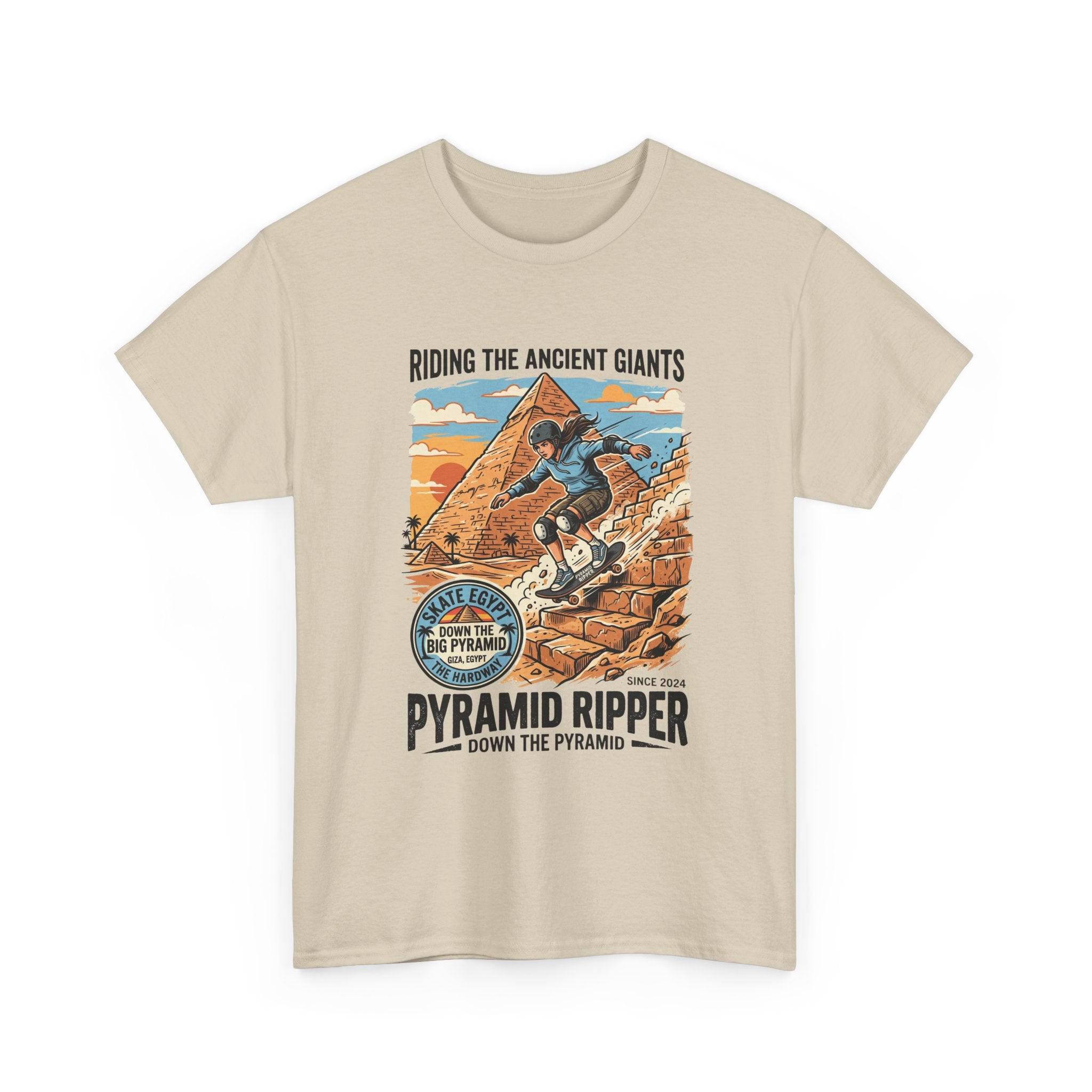 Pyramid Skateboarder T-Shirt — 'Riding the Ancient Giants' Vintage Surf Graphic