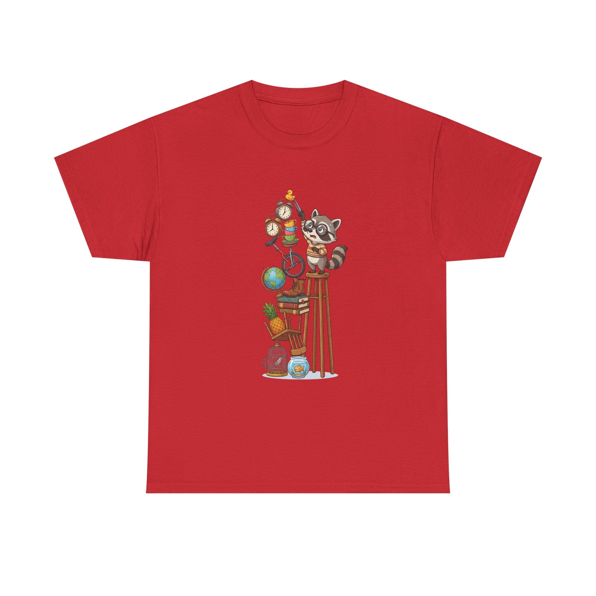 Raccoon & Curiosity Shelf T‑Shirt — Cute Scientist Animal Stack Graphic Tee
