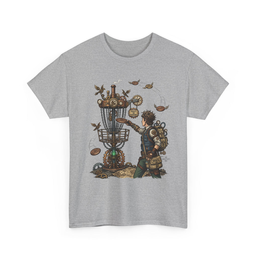 Disc Golf Adventure T‑Shirt — Steampunk Player & Birdie Basket Graphic Tee