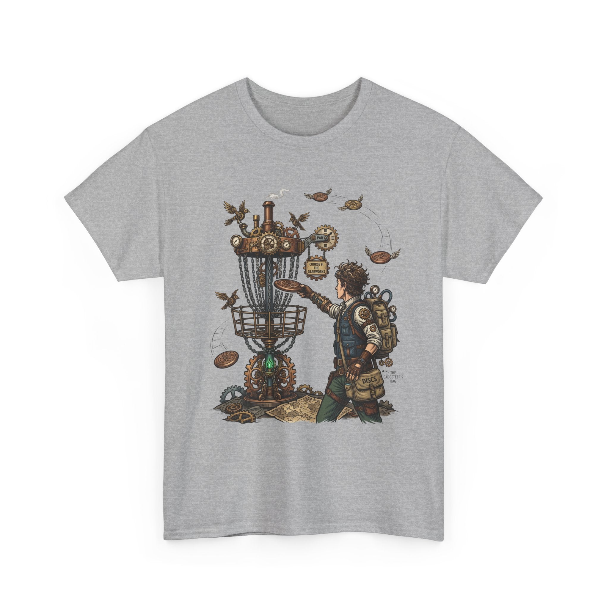 Disc Golf Adventure T‑Shirt — Steampunk Player & Birdie Basket Graphic Tee