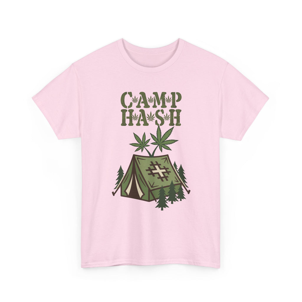 Camp Hash Cannabis Camping T‑Shirt — Retro Tent & Leaf Outdoor Smoke Tee