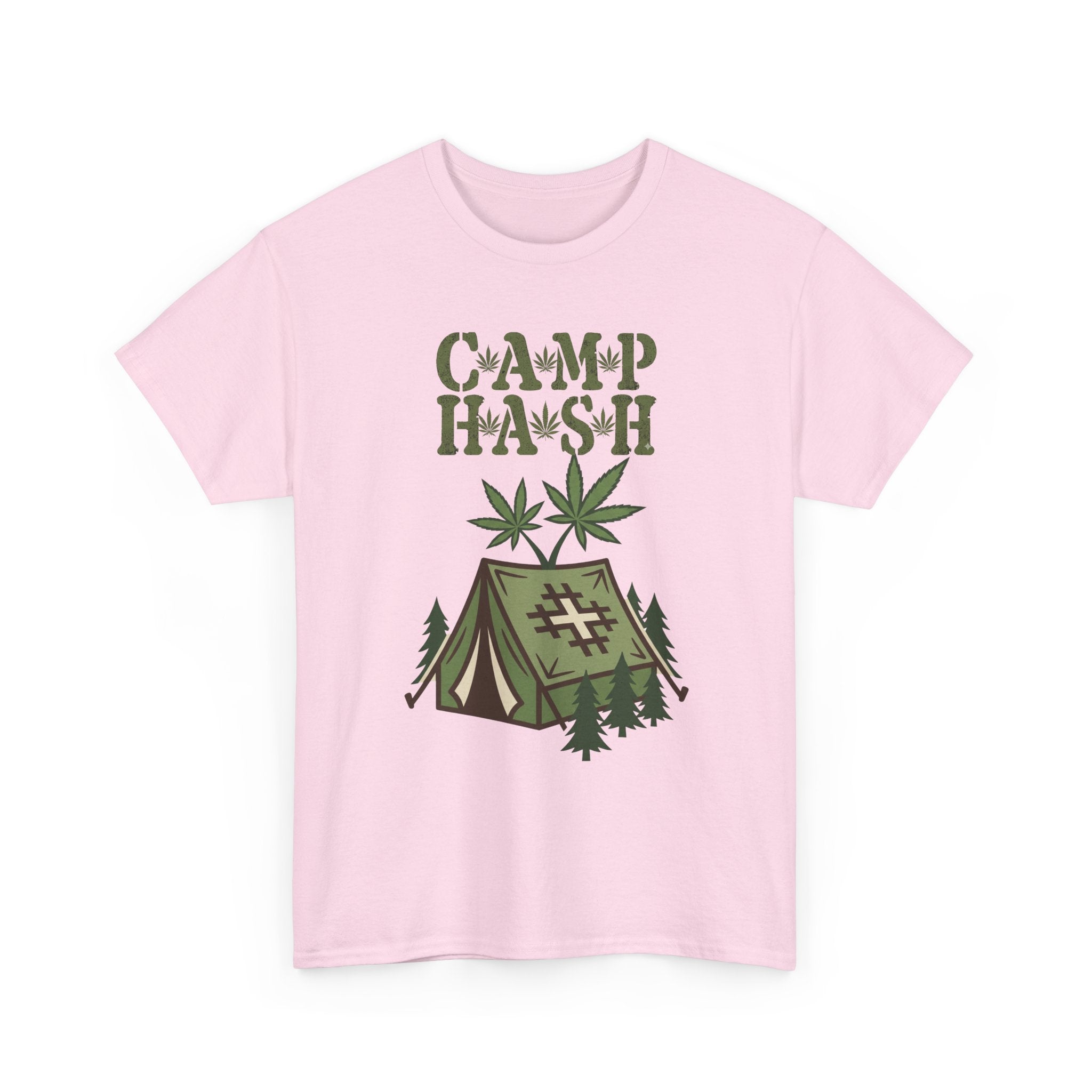 Camp Hash Cannabis Camping T‑Shirt — Retro Tent & Leaf Outdoor Smoke Tee