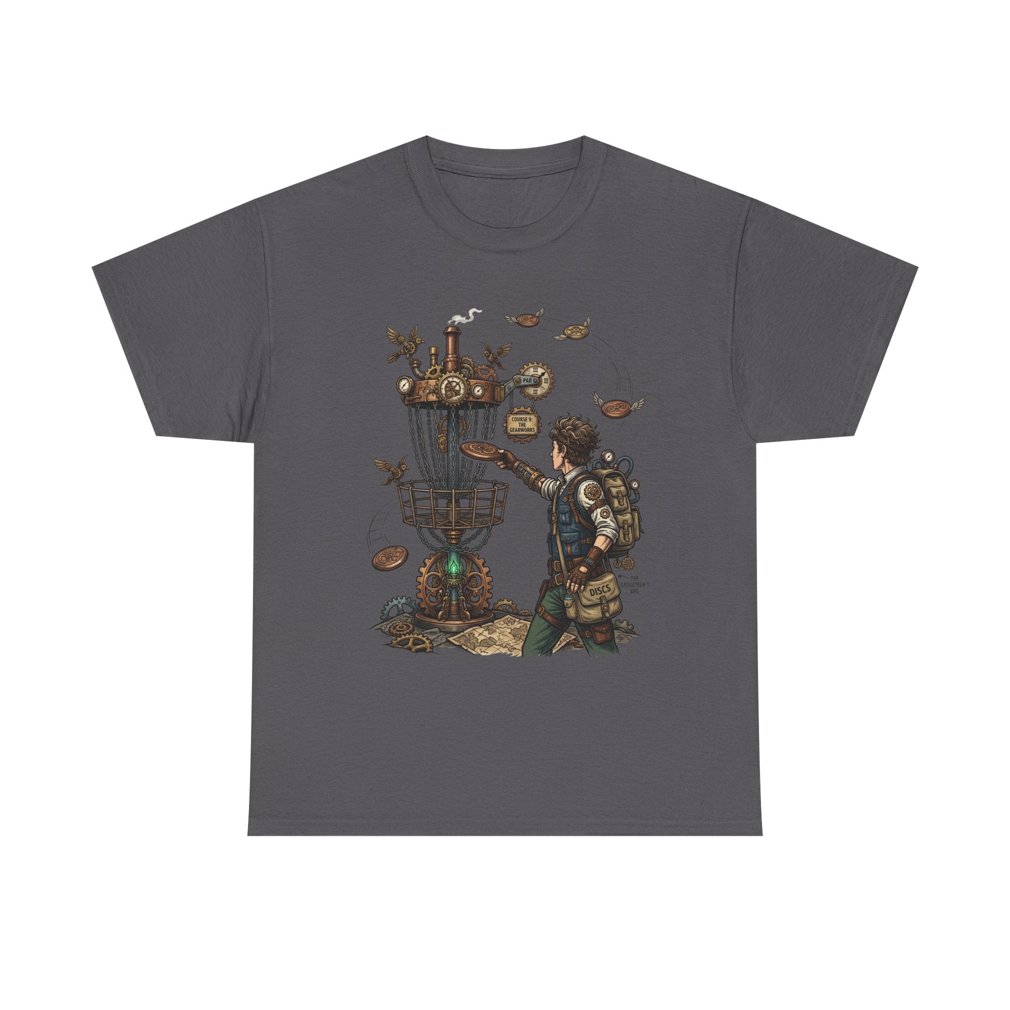 Disc Golf Adventure T‑Shirt — Steampunk Player & Birdie Basket Graphic Tee