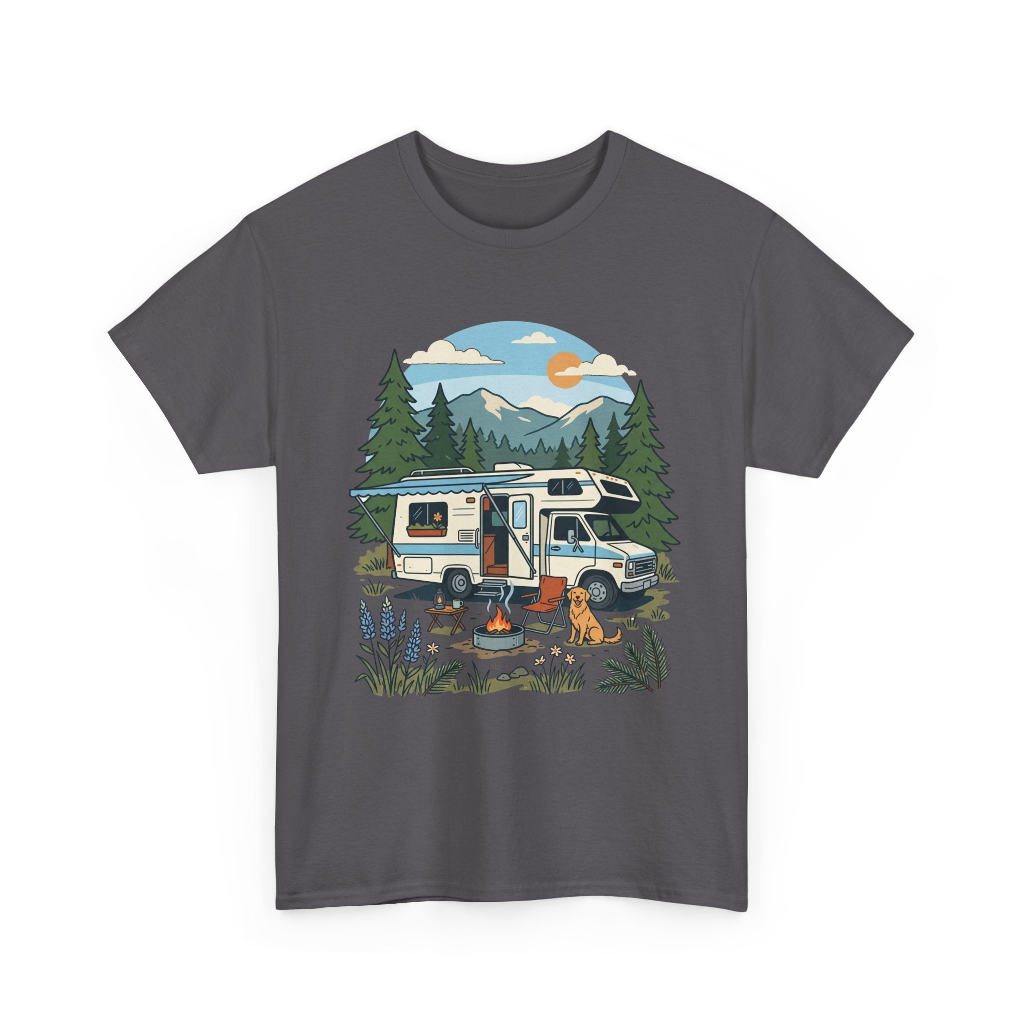 Camper Van Camping T‑Shirt — Retro RV Campfire Graphic Tee for Outdoors Lovers