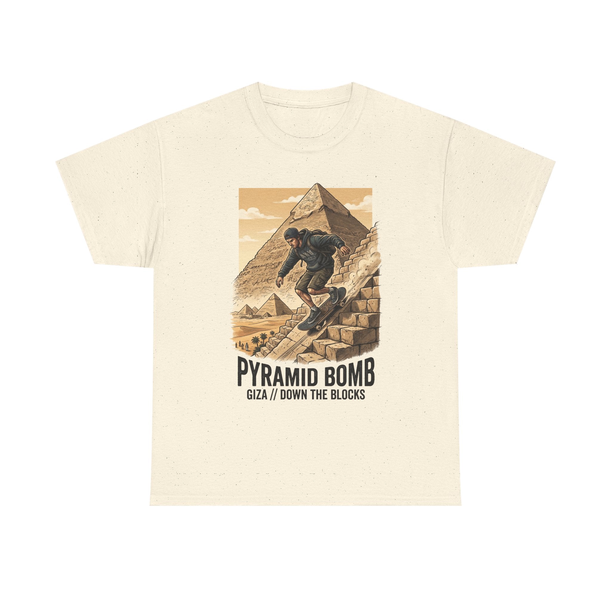 Pyramid Bomb Skateboarding T-Shirt — "Pyramid Bomb: Giza / Down The Blocks" Vintage Skate Tee