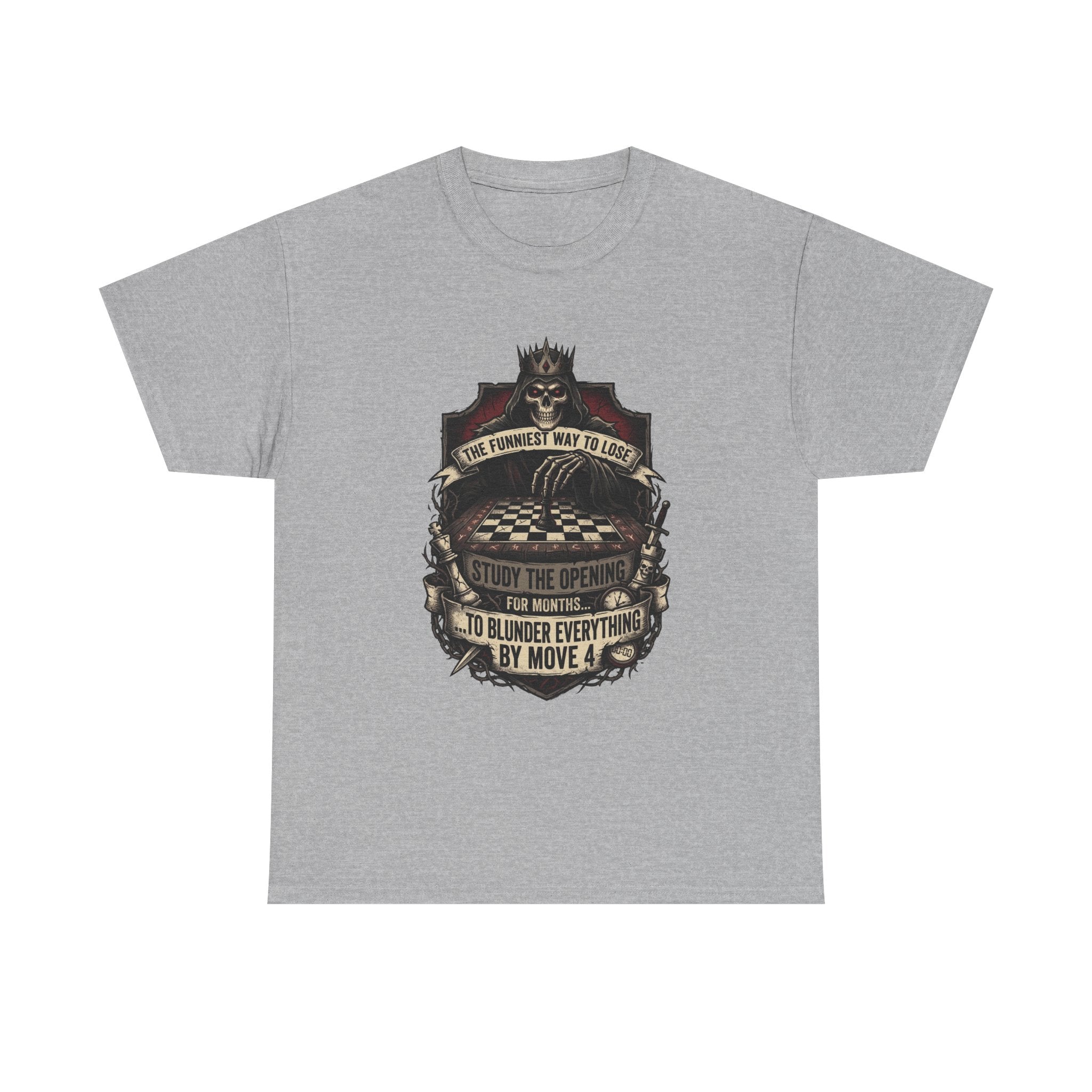Chess Lover T-Shirt — "Study the Opening... Blunder Everything by Move 4" Vintage Chess Tee