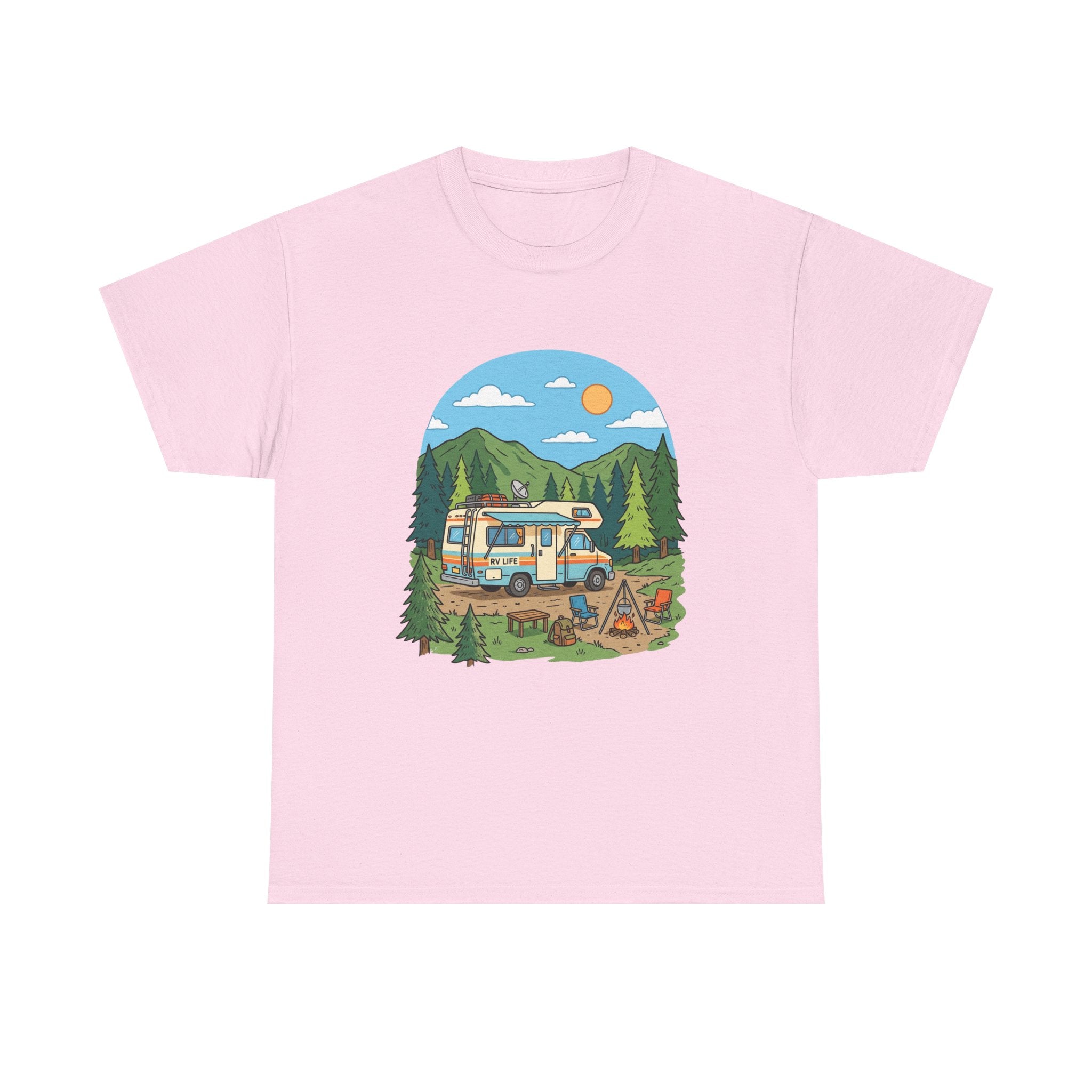 Camping Van Graphic Tee — Retro Camper Van & Campfire Outdoor Shirt