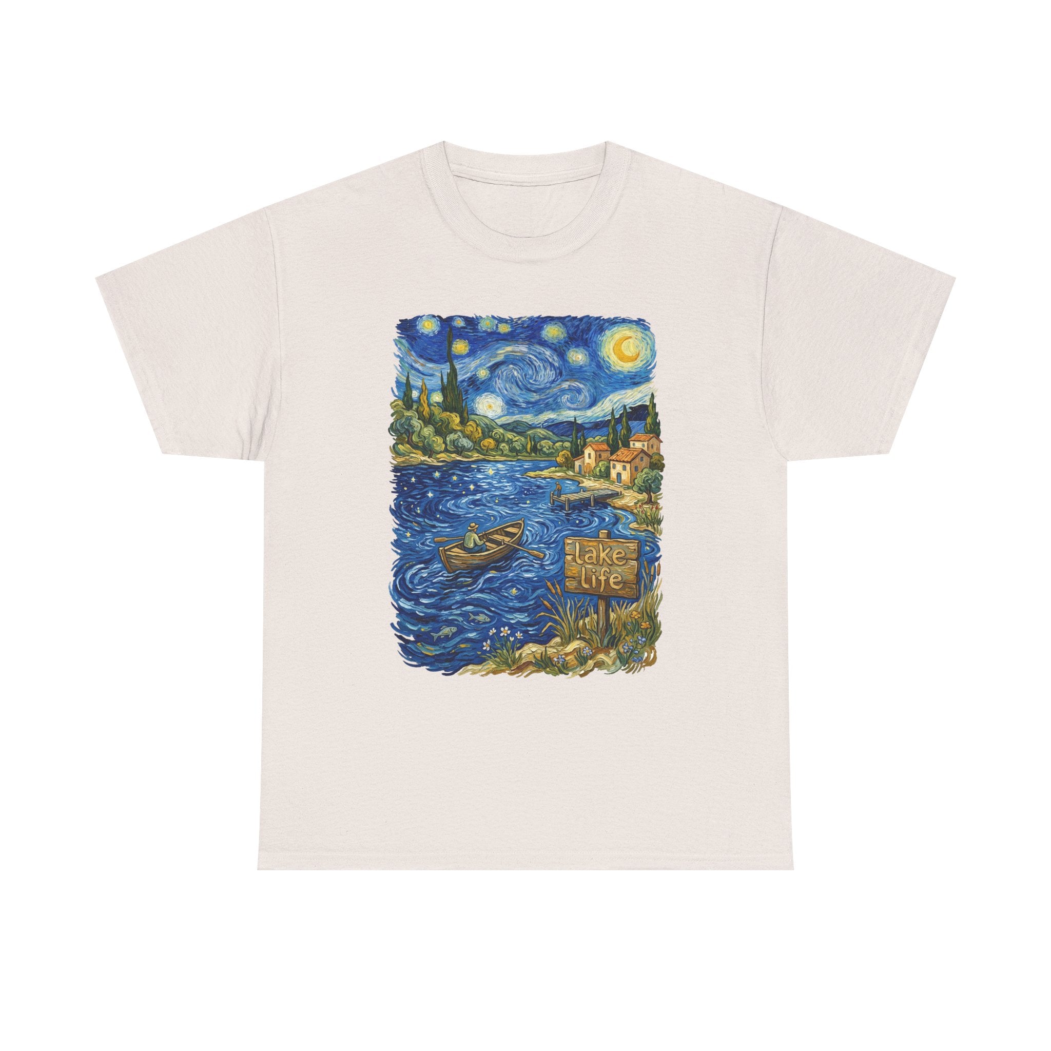 T-Shirt — Van Gogh Night Lake Art Tee (Boat on Starry Night)