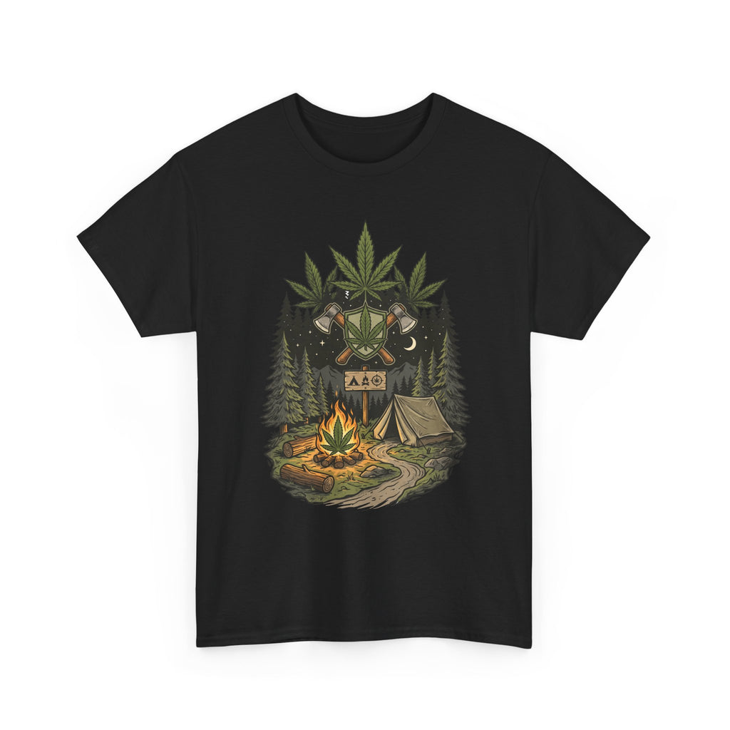 Camping Bear Graphic Tee — Forest Campfire & Leaf Emblem T-Shirt