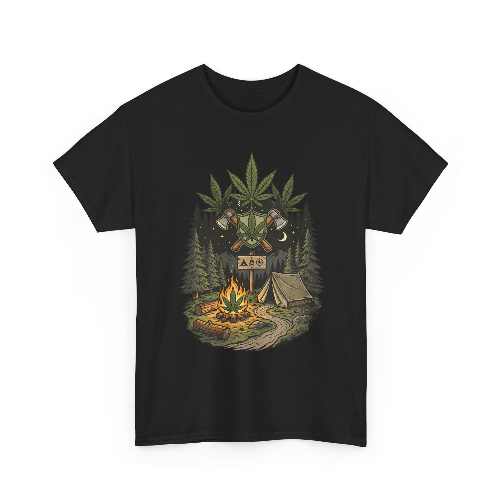 Camping Bear Graphic Tee — Forest Campfire & Leaf Emblem T-Shirt