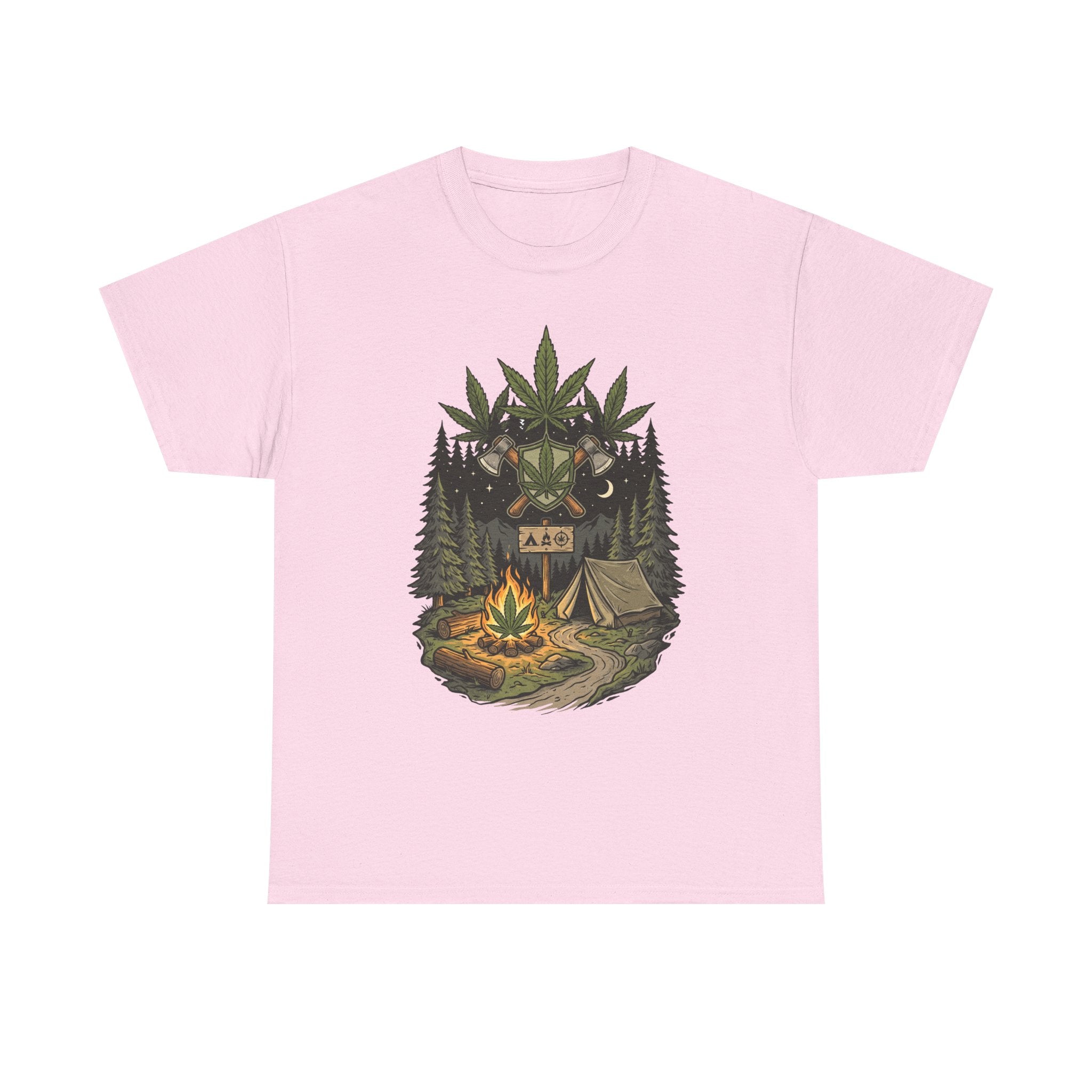 Camping Bear Graphic Tee — Forest Campfire & Leaf Emblem T-Shirt