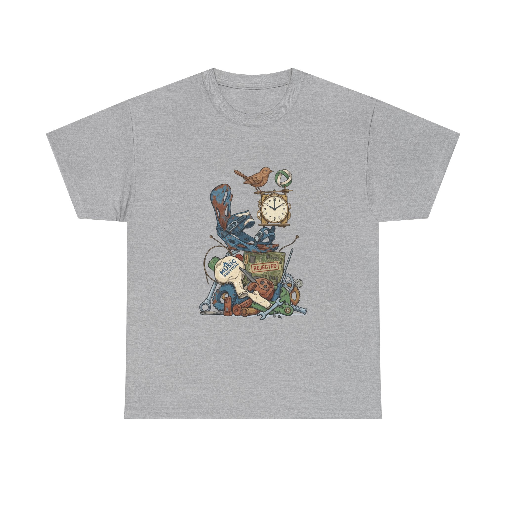Vintage Hobbies Stack T-Shirt — Retro Clock, Guitar & Tools Illustration