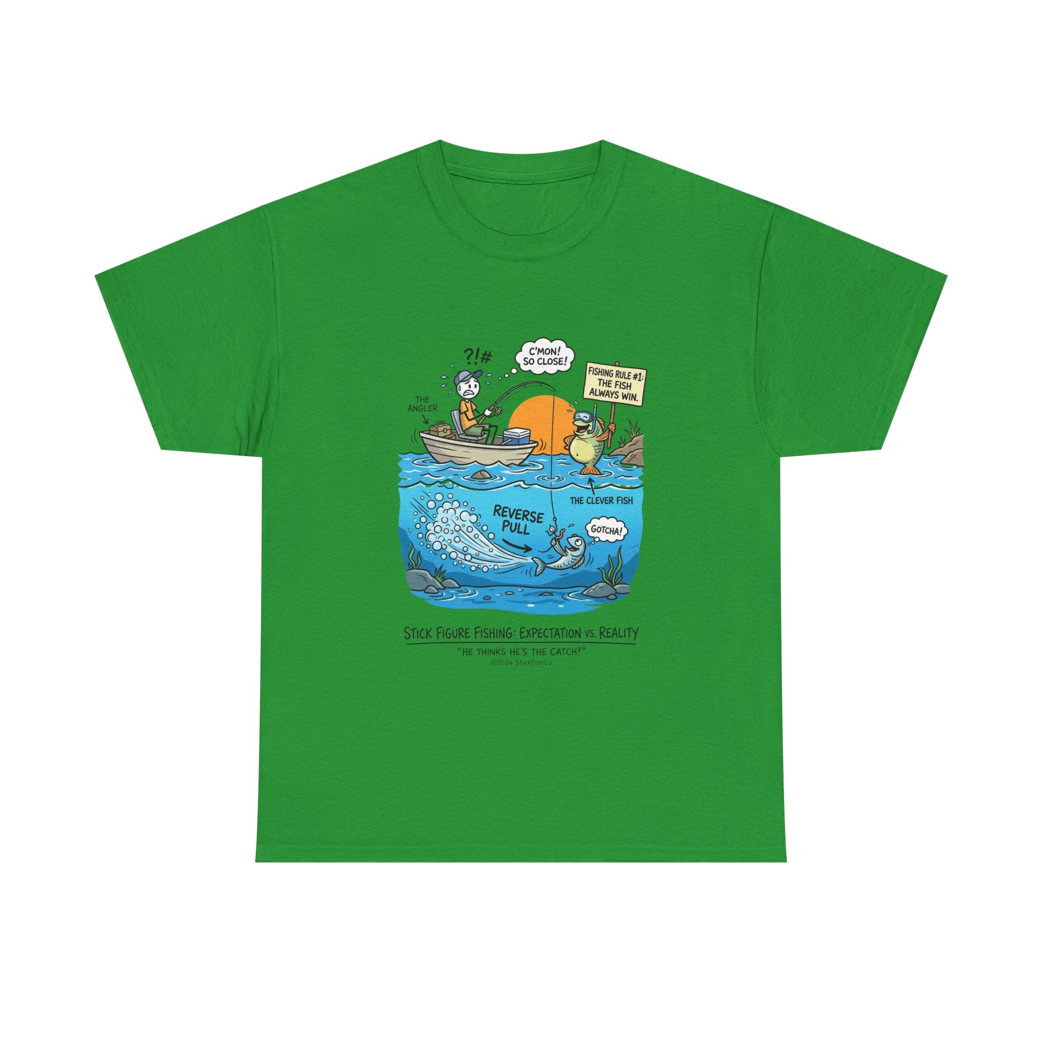 Fishing Cartoon T-Shirt — 'Reverse Take' Sunset Boating Tee
