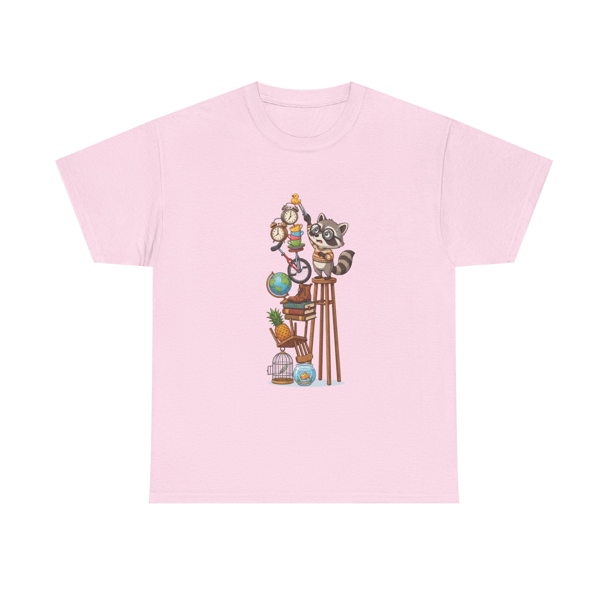 Raccoon & Curiosity Shelf T‑Shirt — Cute Scientist Animal Stack Graphic Tee