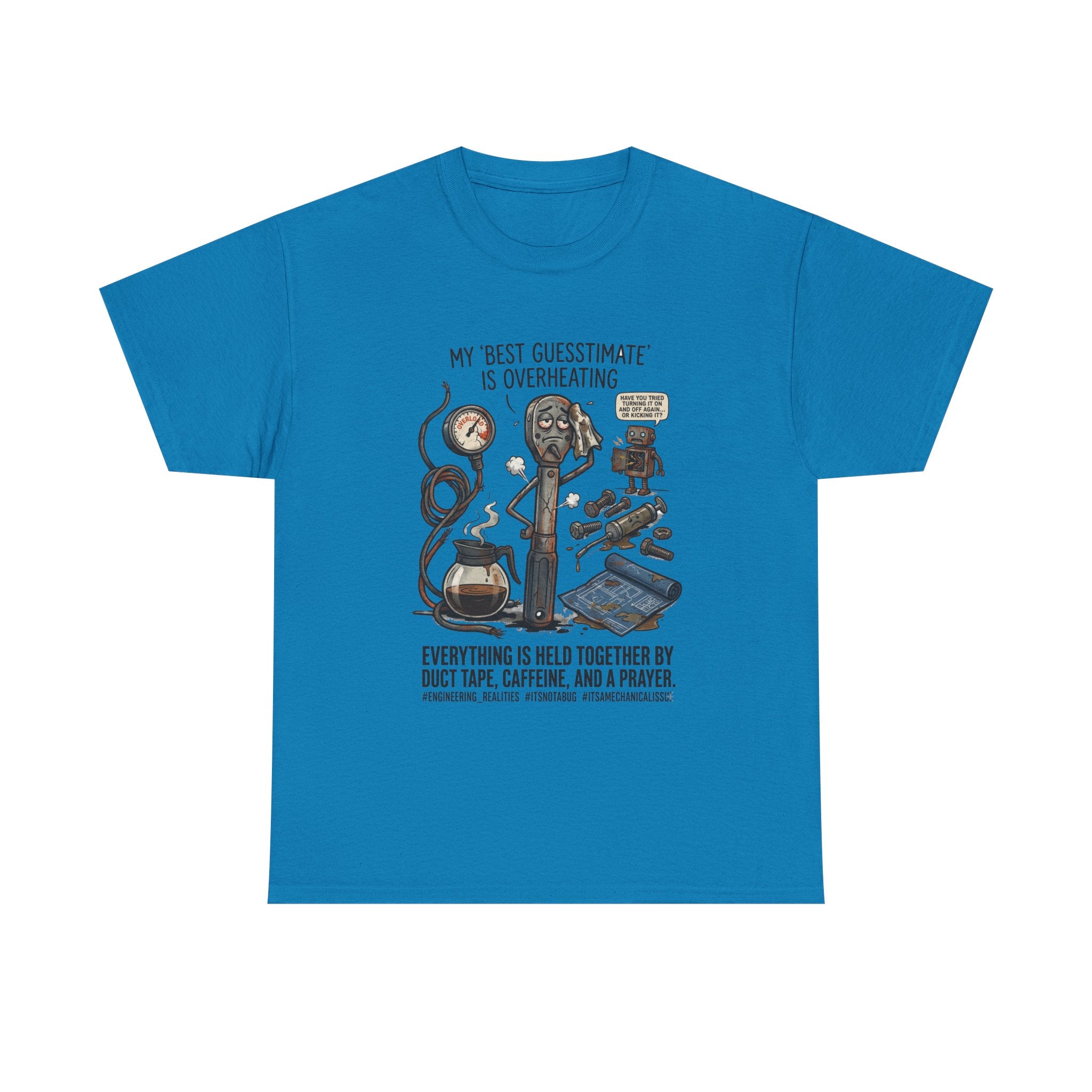 Mechanic Humor T-Shirt - "My Best Guessmate Is Overheating" Vintage Tools, Duct Tape & Caffeine Tee