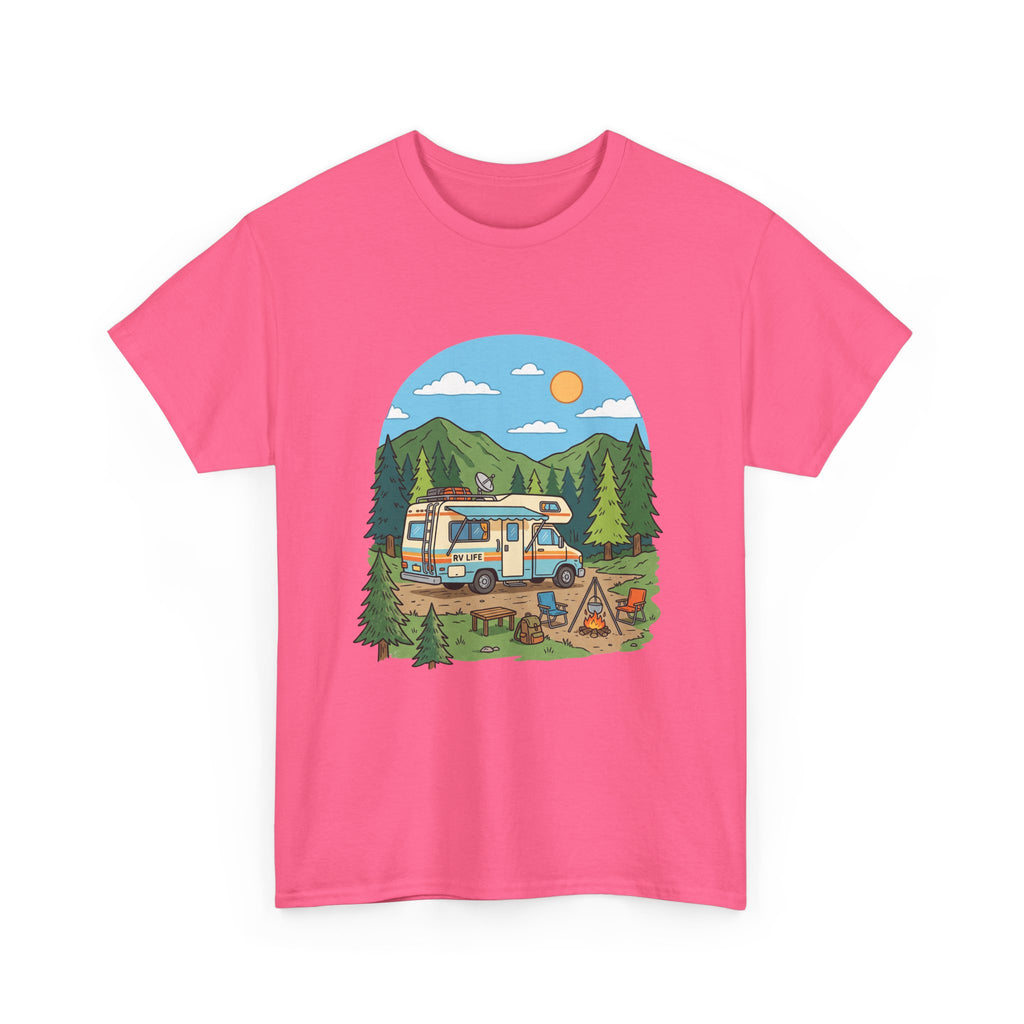 Camping Van Graphic Tee — Retro Camper Van & Campfire Outdoor Shirt