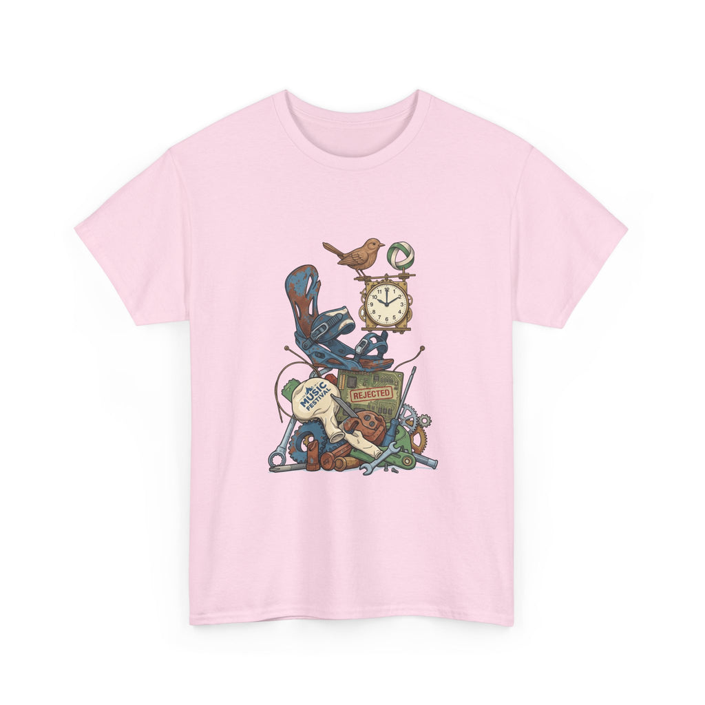 Vintage Hobbies Stack T-Shirt — Retro Clock, Guitar & Tools Illustration