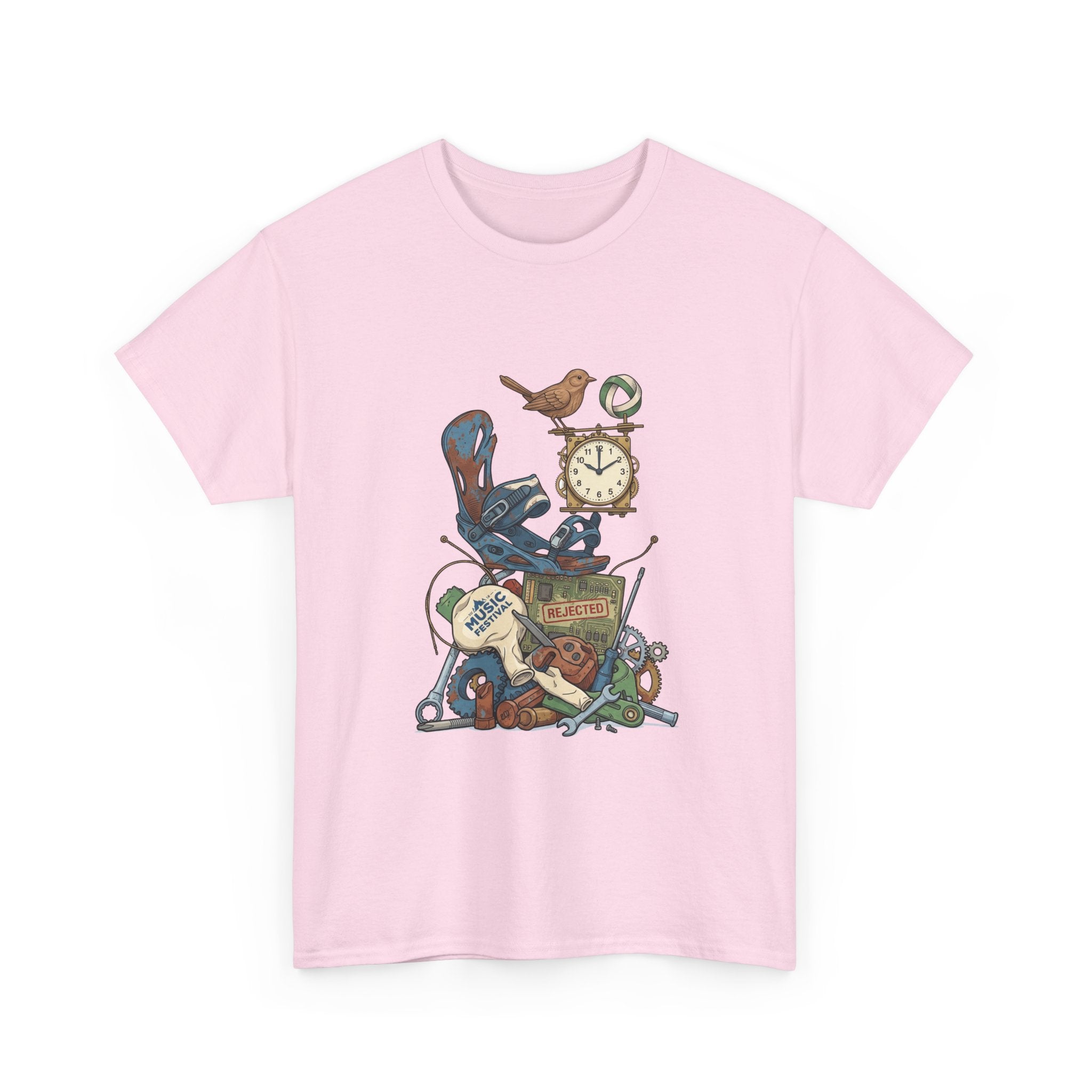 Vintage Hobbies Stack T-Shirt — Retro Clock, Guitar & Tools Illustration