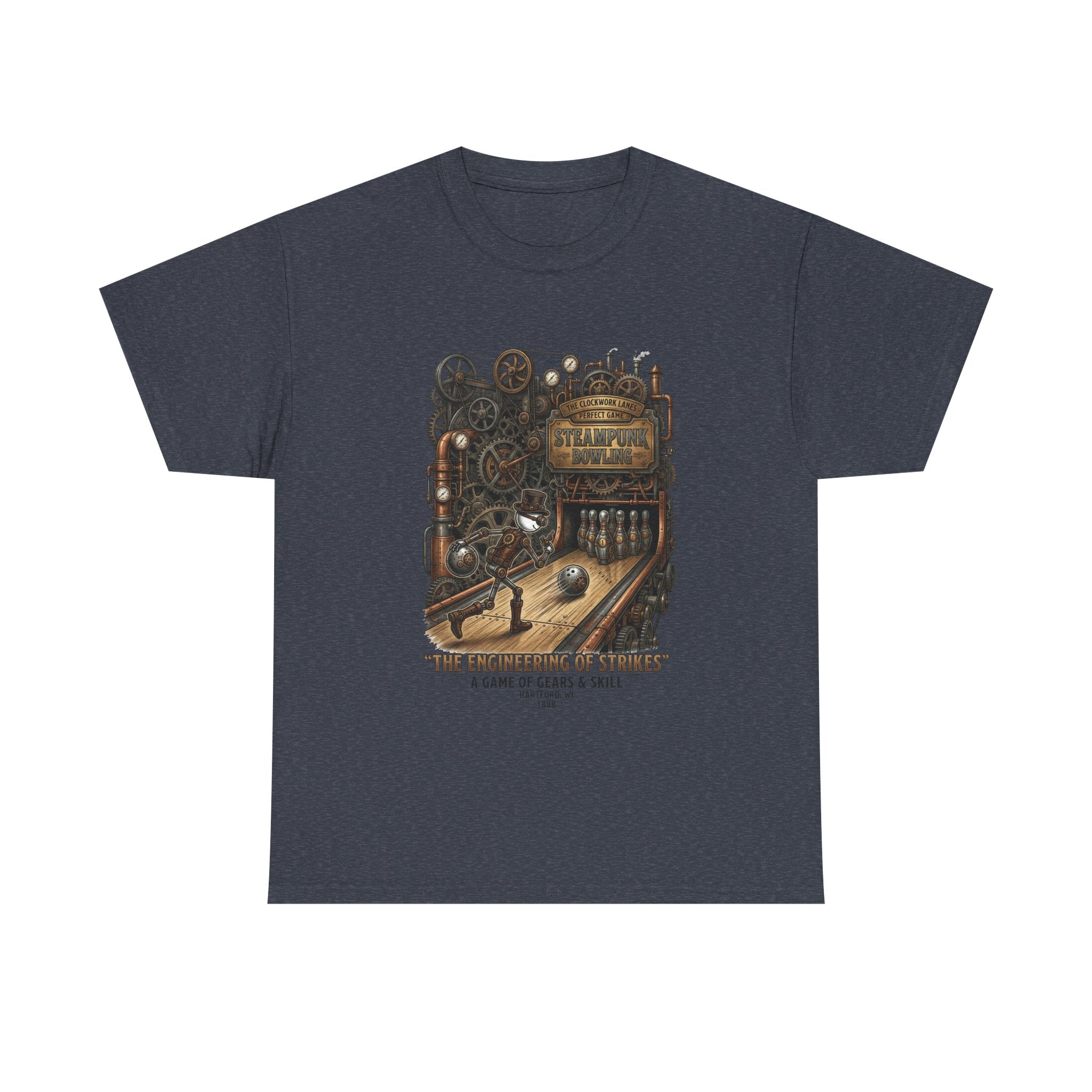 Steampunk Bowling T-Shirt — "The Engineering of Strikes" Vintage Gears Design