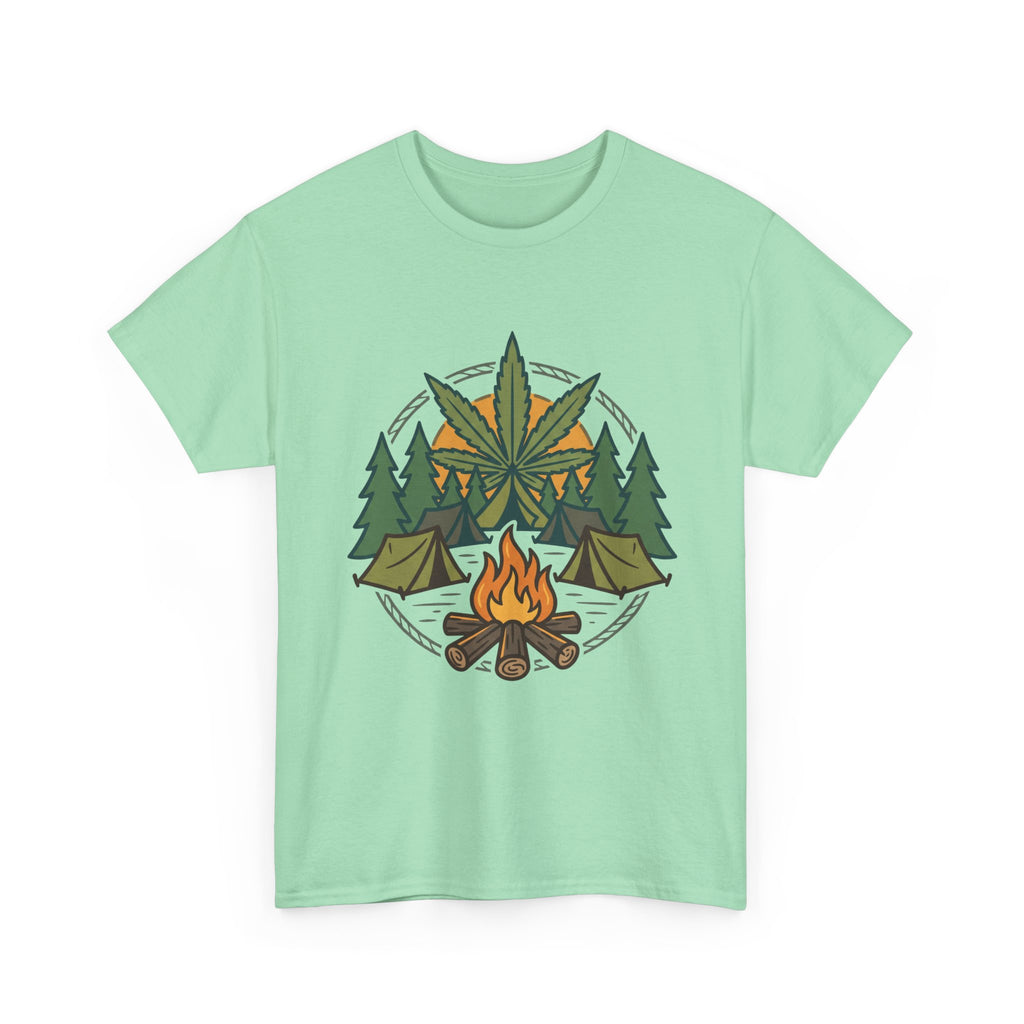 Camping Cannabis T‑Shirt – Outdoorsy Weed Leaf Campfire Graphic Tee