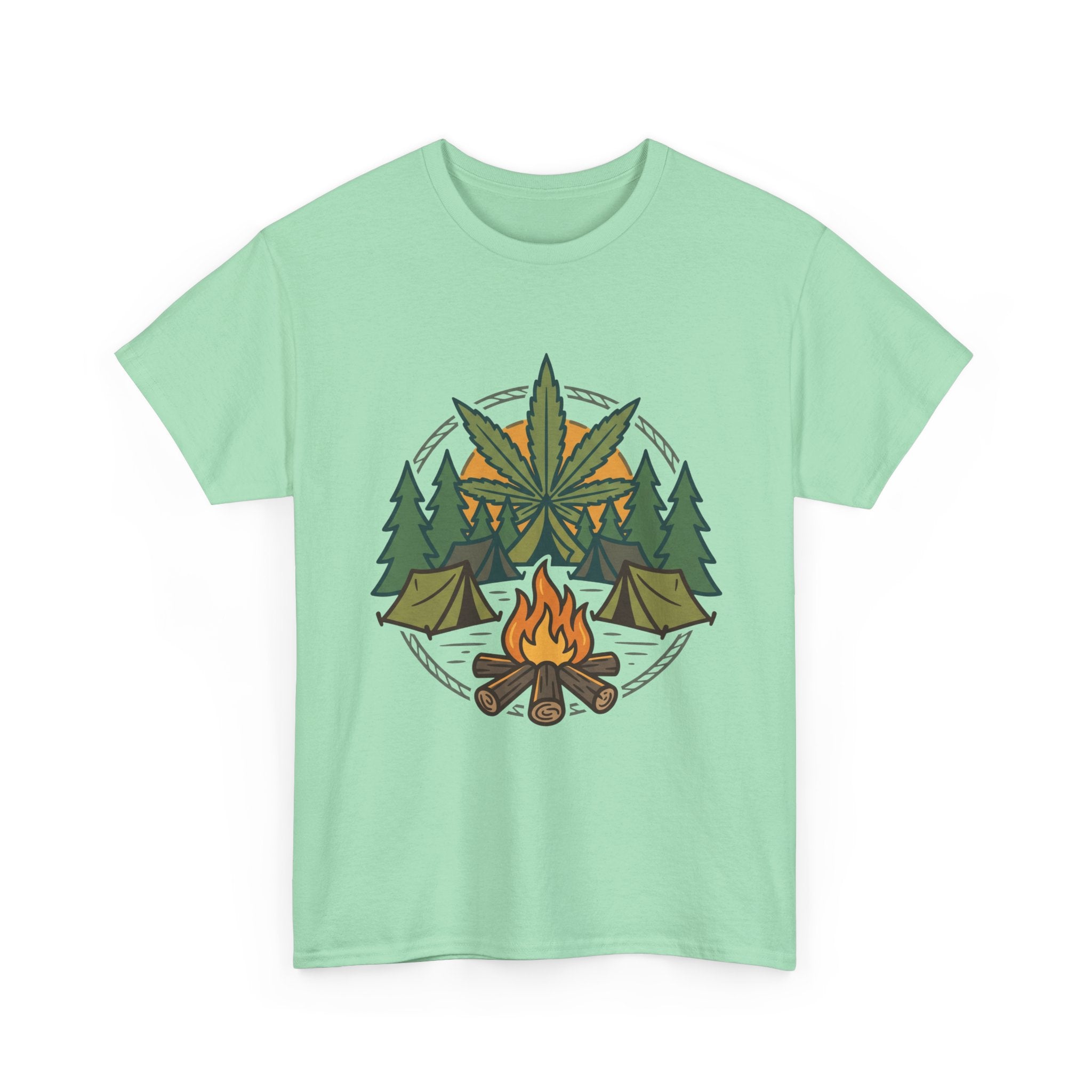 Camping Cannabis T‑Shirt – Outdoorsy Weed Leaf Campfire Graphic Tee