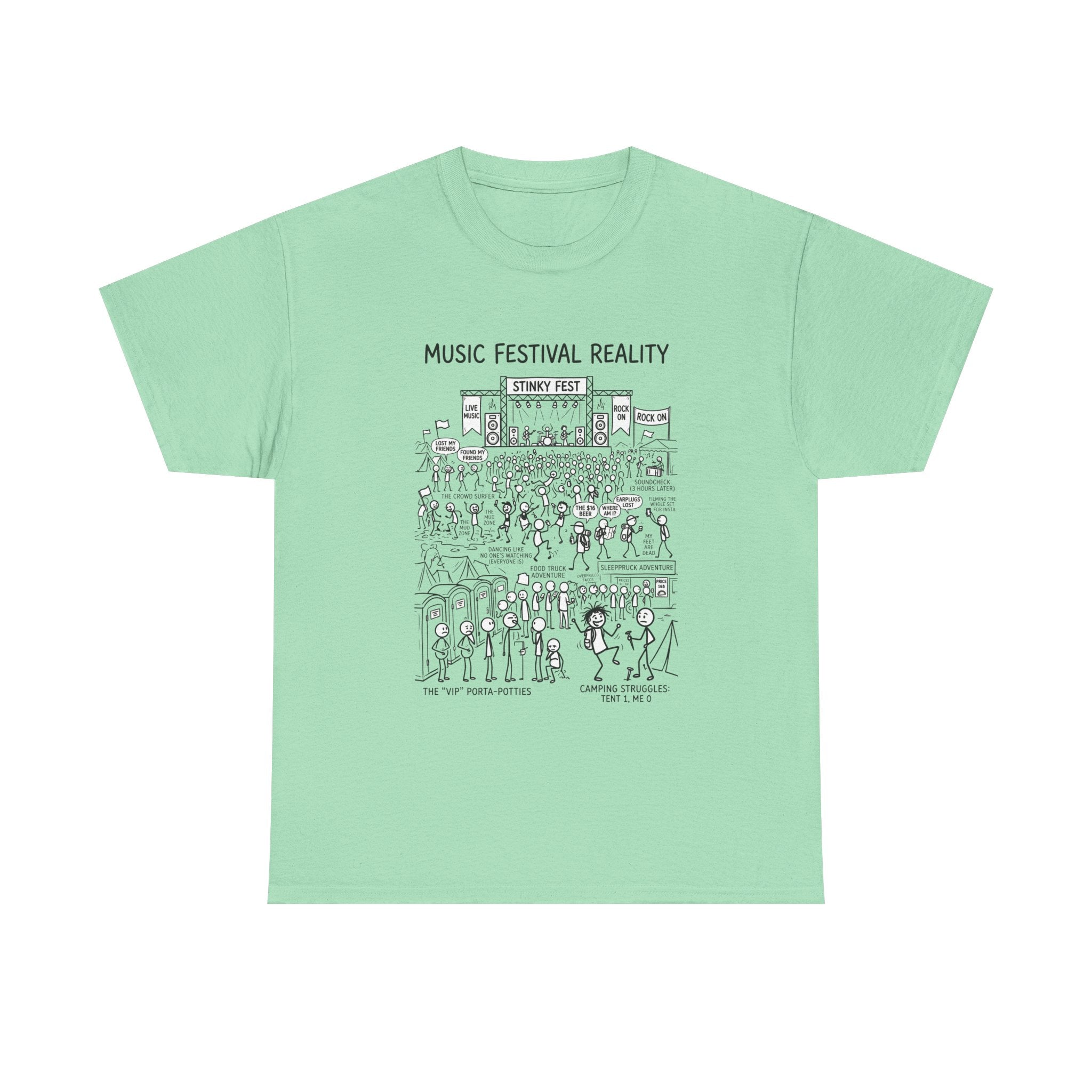 T-Shirt — "Music Festival Reality" Cartoon Illustration Tee
