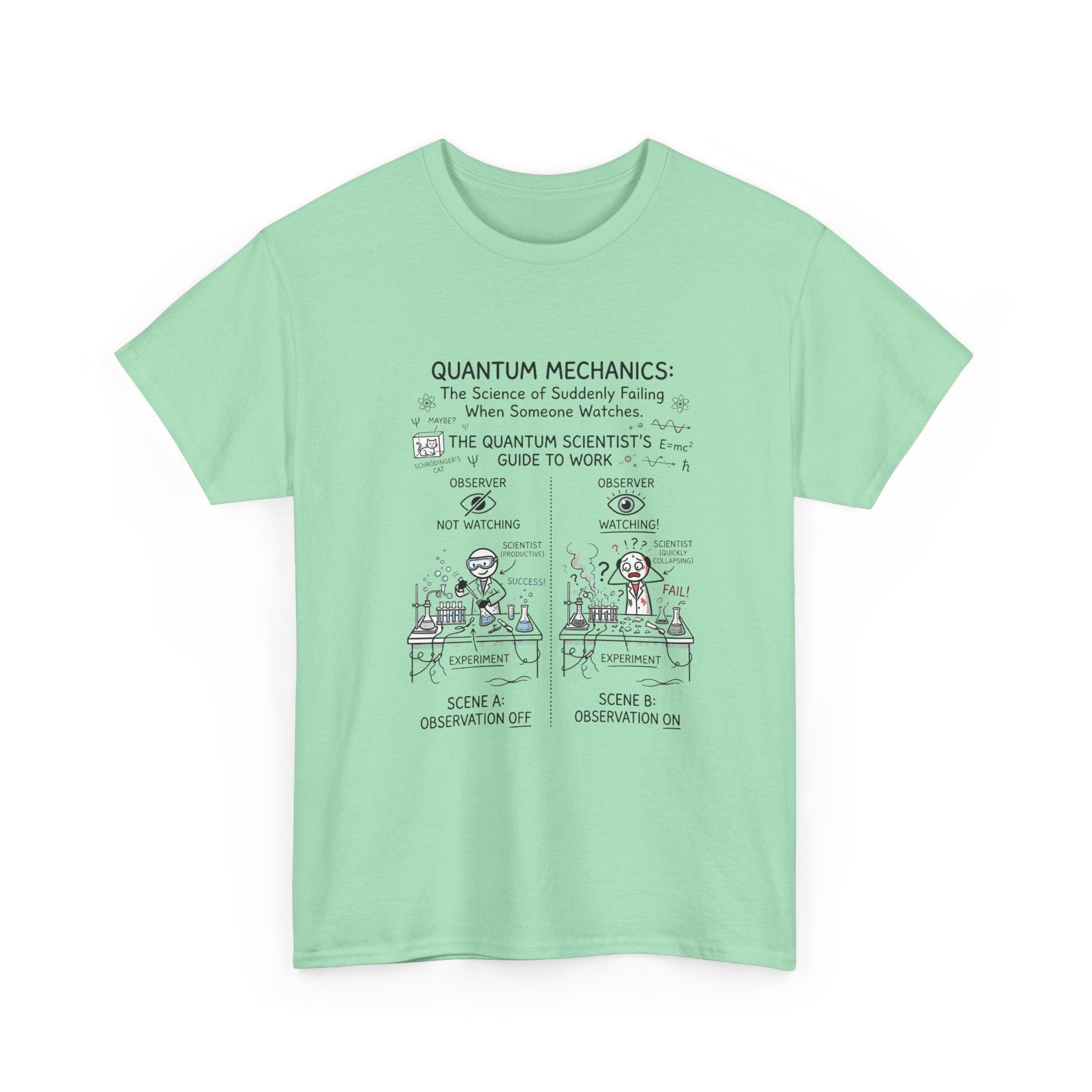 Quantum Mechanics Cartoon T‑Shirt — Funny Science Diagram Tee