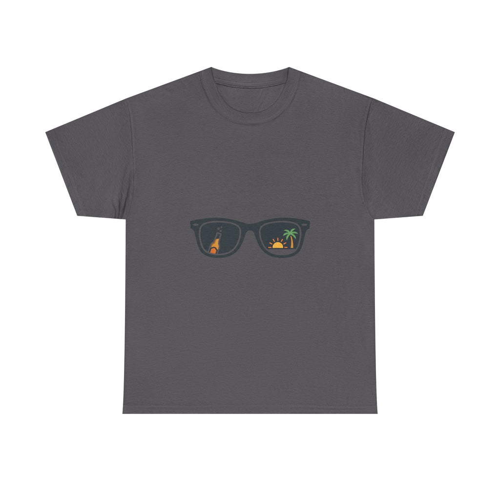 Sunglasses Reflection Tee — Tropical Beach & Palm Drink Graphic T-Shirt