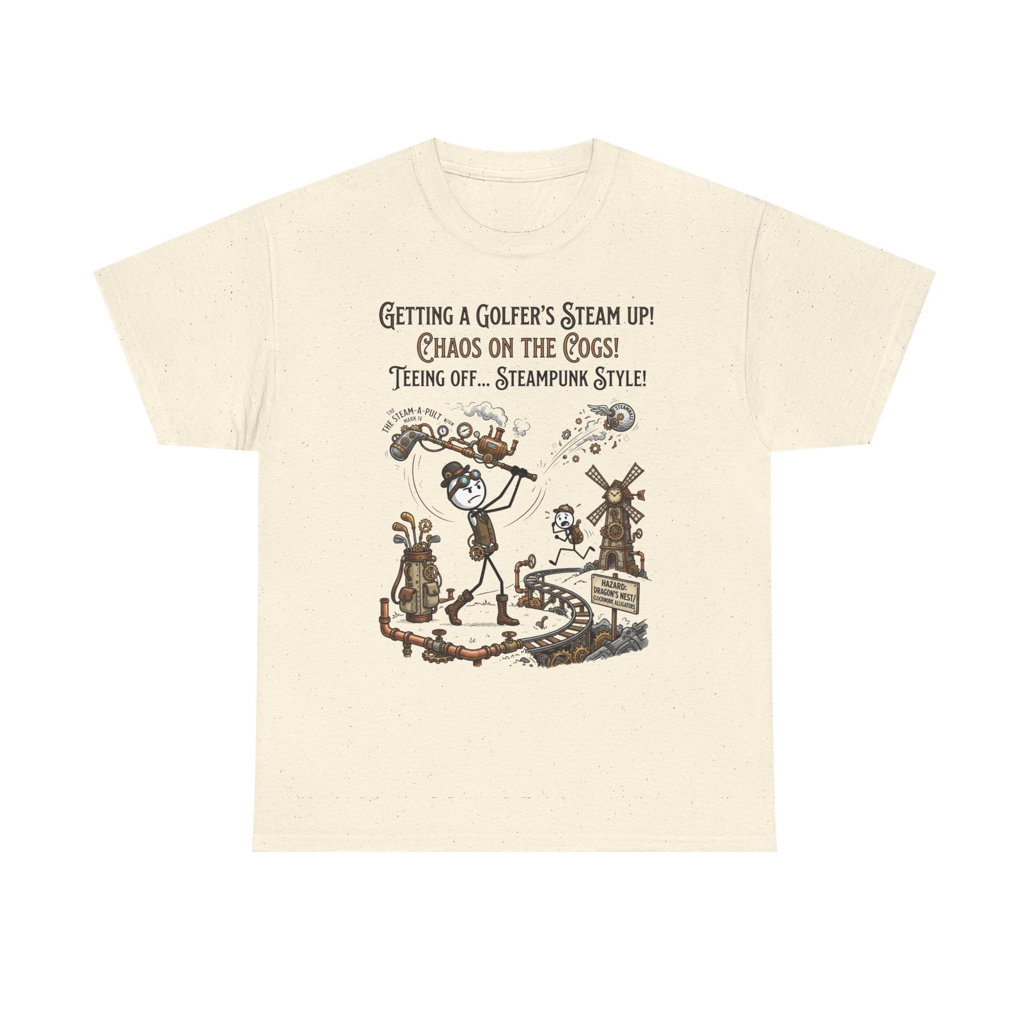 Steampunk Golf T-Shirt - "Getting a Golfer's Steam Up! Chaos on the Cogs" Graphic Tee