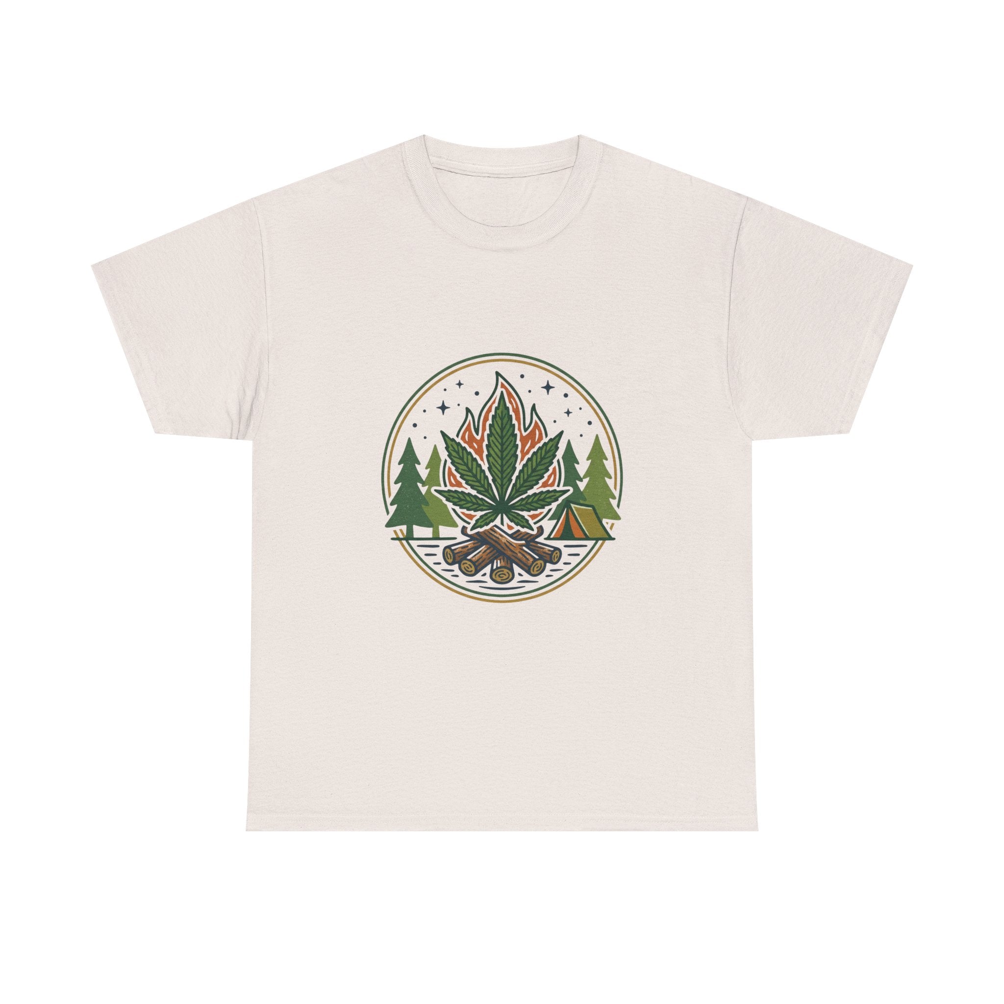 Cannabis Campfire Tee — Outdoor Weed Leaf Forest Graphic T-Shirt
