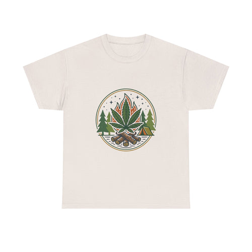 Cannabis Campfire Tee — Outdoor Weed Leaf Forest Graphic T-Shirt