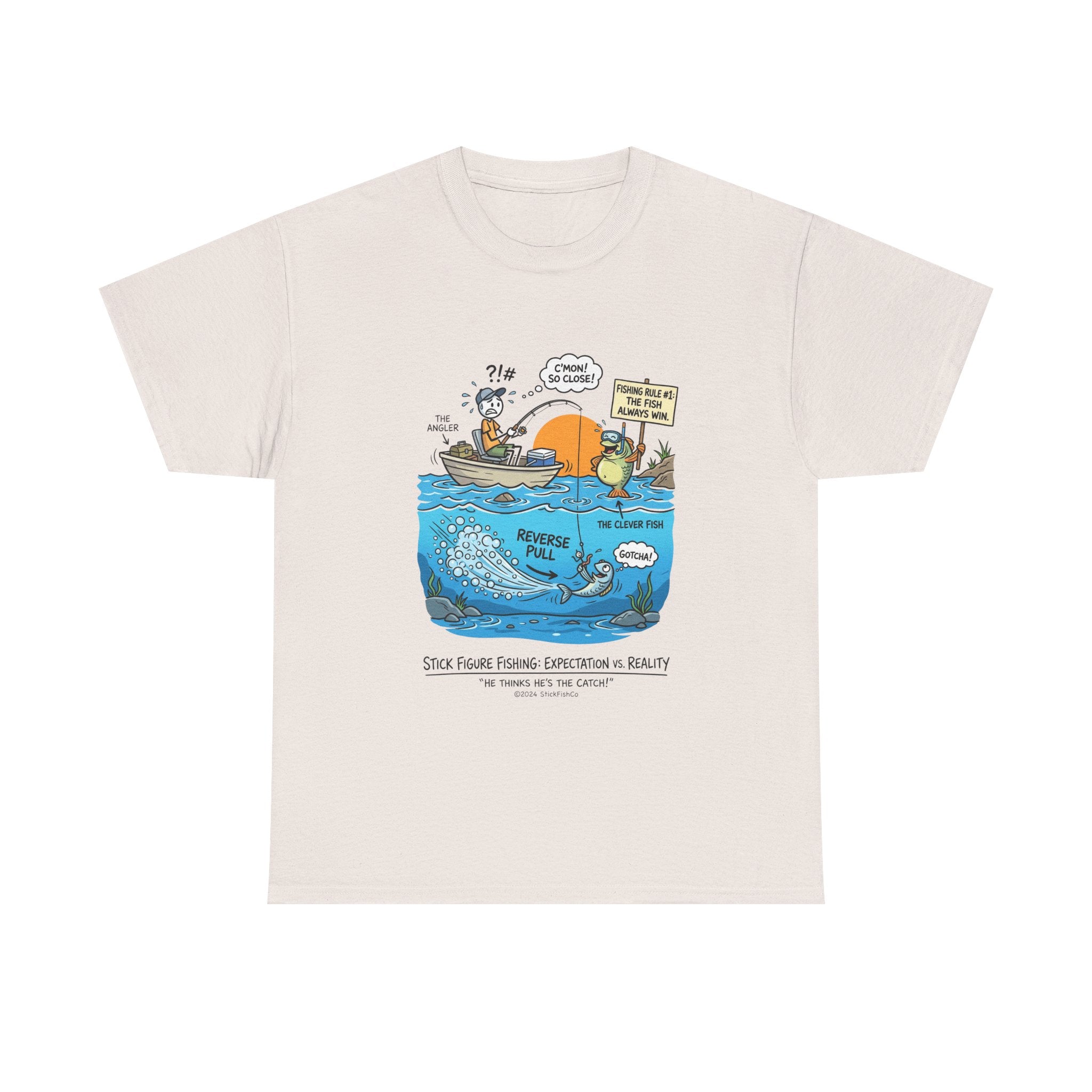 Fishing Cartoon T-Shirt — 'Reverse Take' Sunset Boating Tee