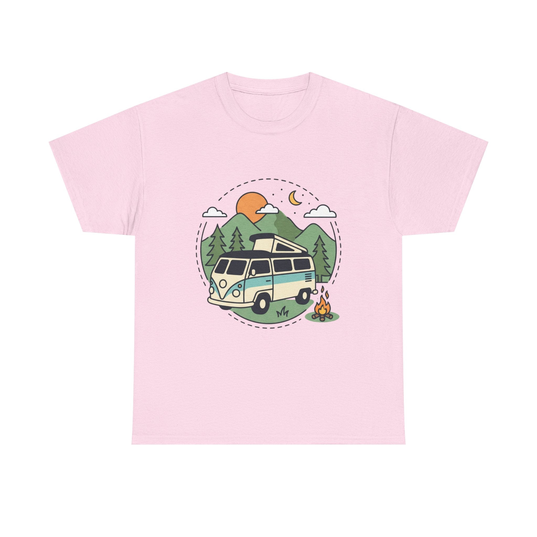 Camper Van Camping T‑Shirt — Retro Van, Mountains & Campfire Tee