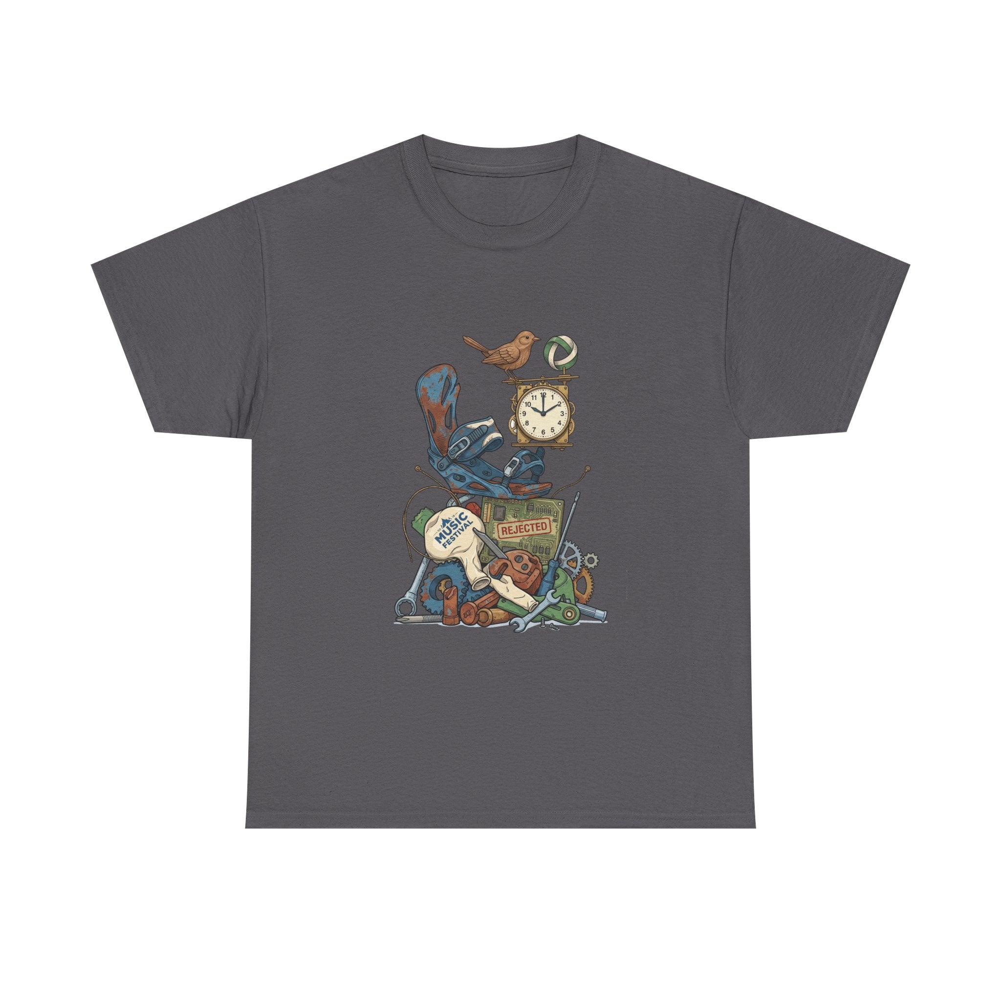 Vintage Hobbies Stack T-Shirt — Retro Clock, Guitar & Tools Illustration
