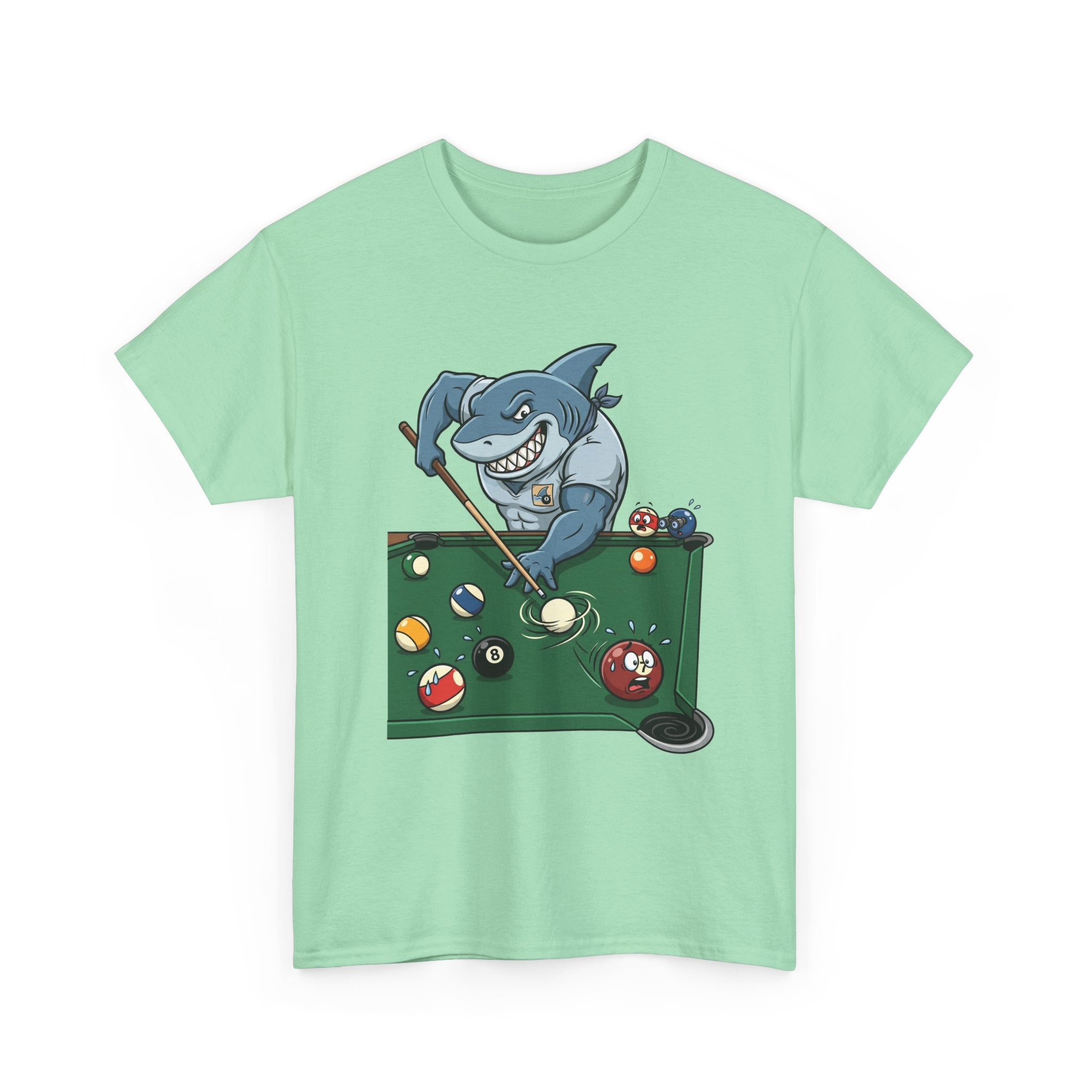 Shark Playing Pool T‑Shirt — Funny Billiards Shark Graphic Tee
